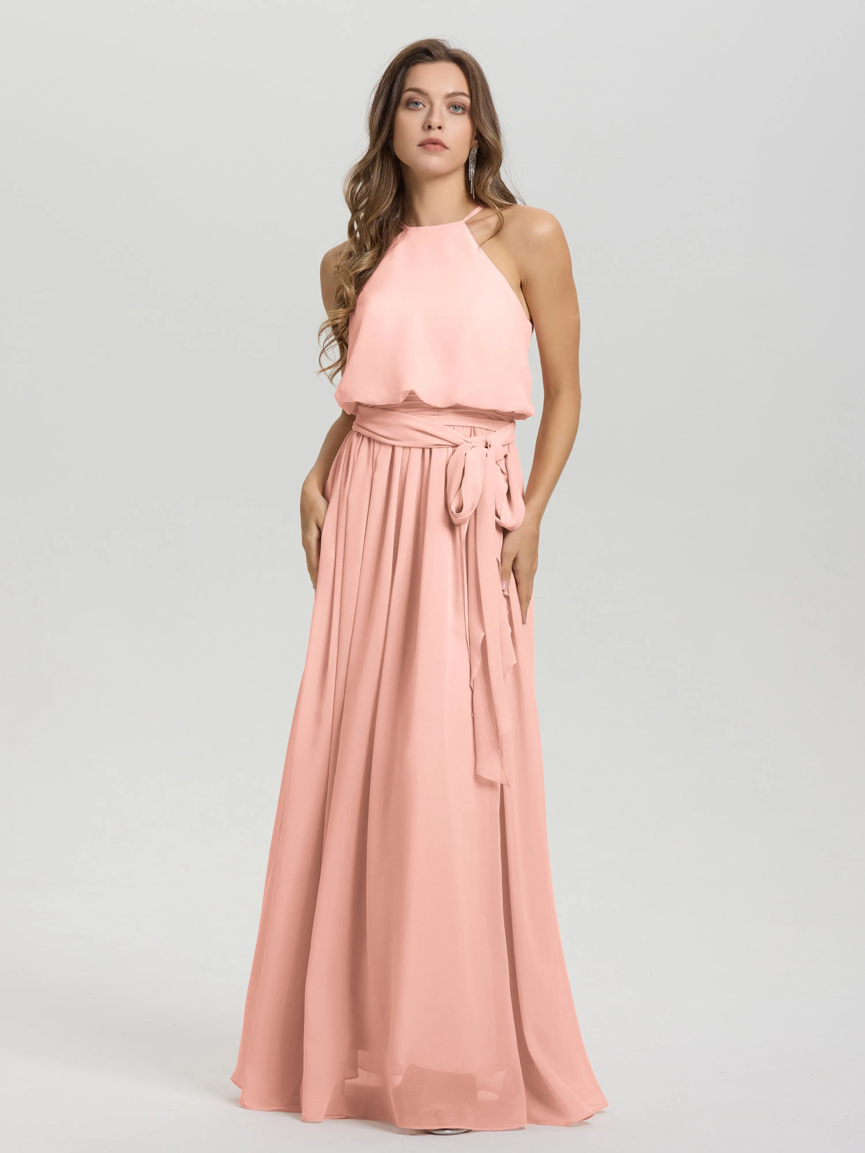 Halter Sleeveless Floor Length Chiffon Bridesmaid Dresses With Belt