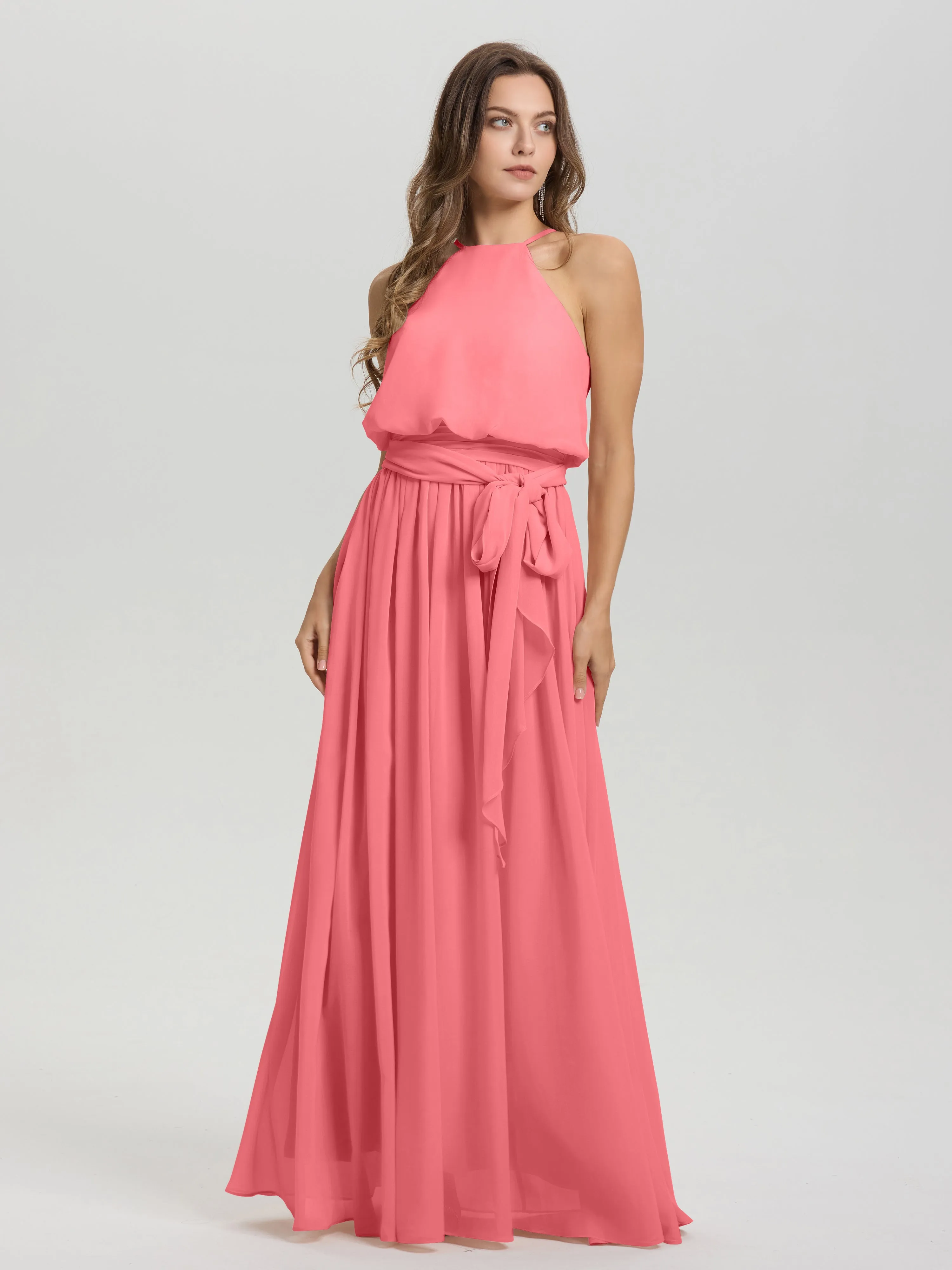 Halter Sleeveless Floor Length Chiffon Bridesmaid Dresses With Belt