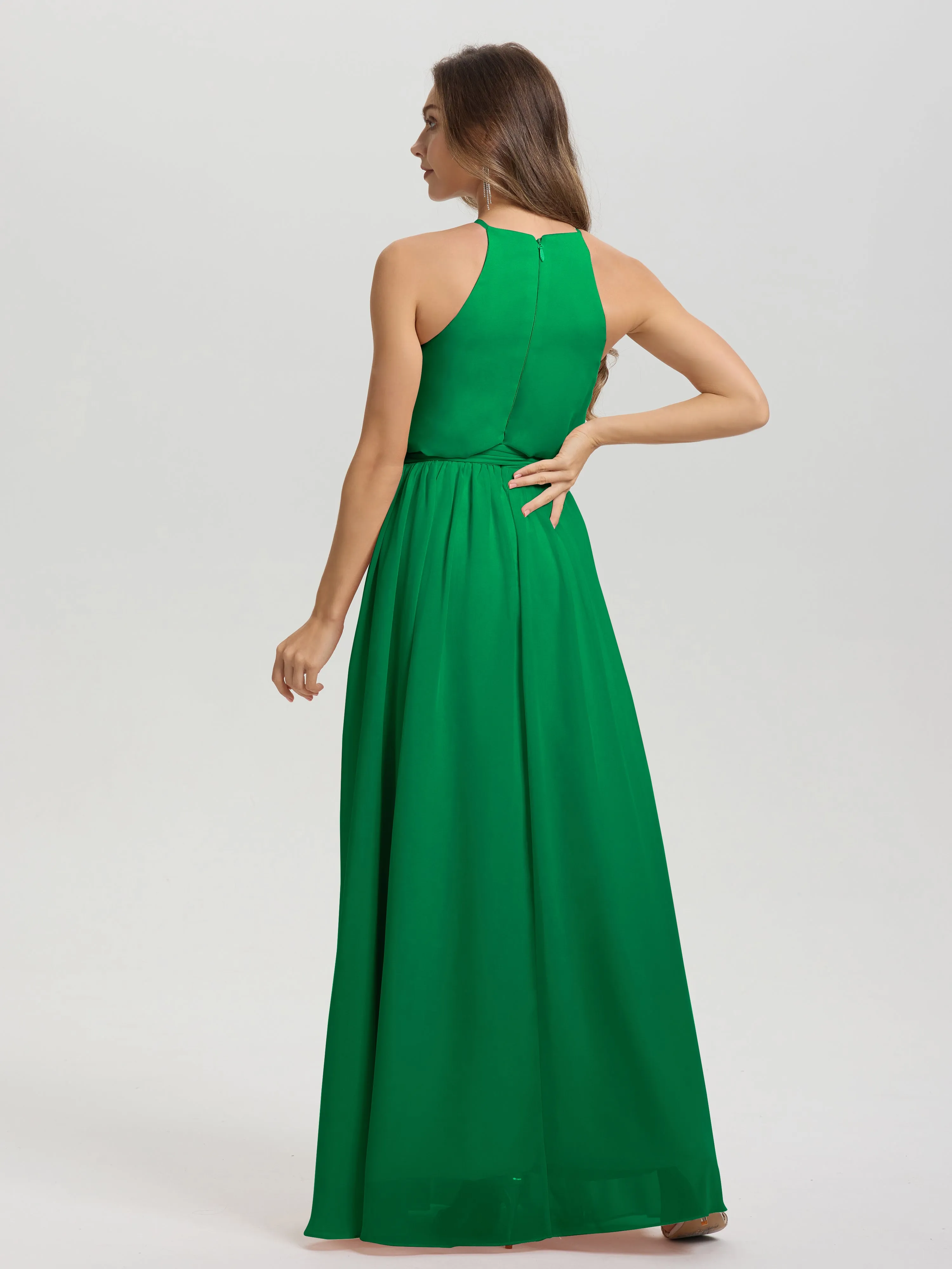 Halter Sleeveless Floor Length Chiffon Bridesmaid Dresses With Belt