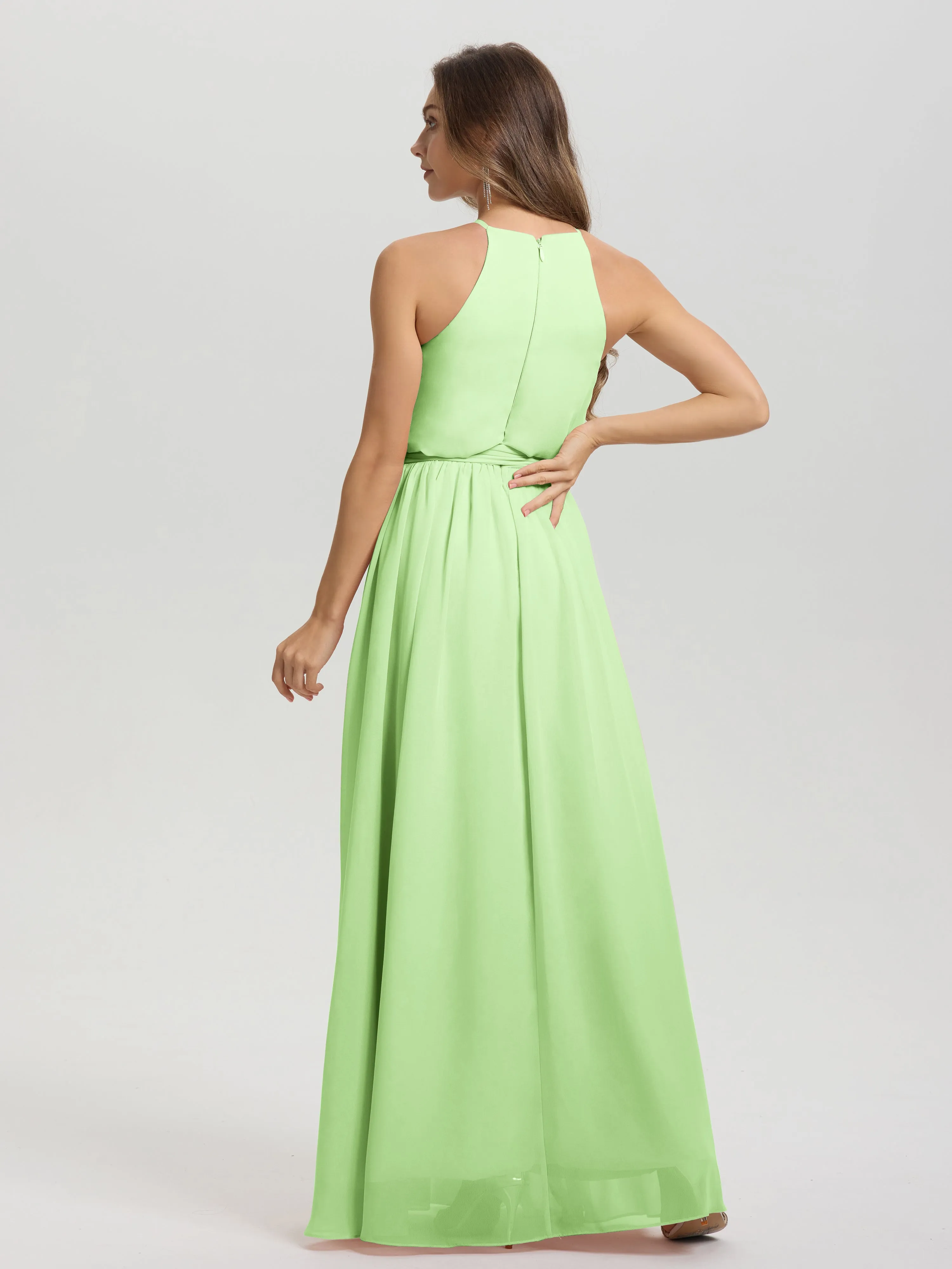 Halter Sleeveless Floor Length Chiffon Bridesmaid Dresses With Belt