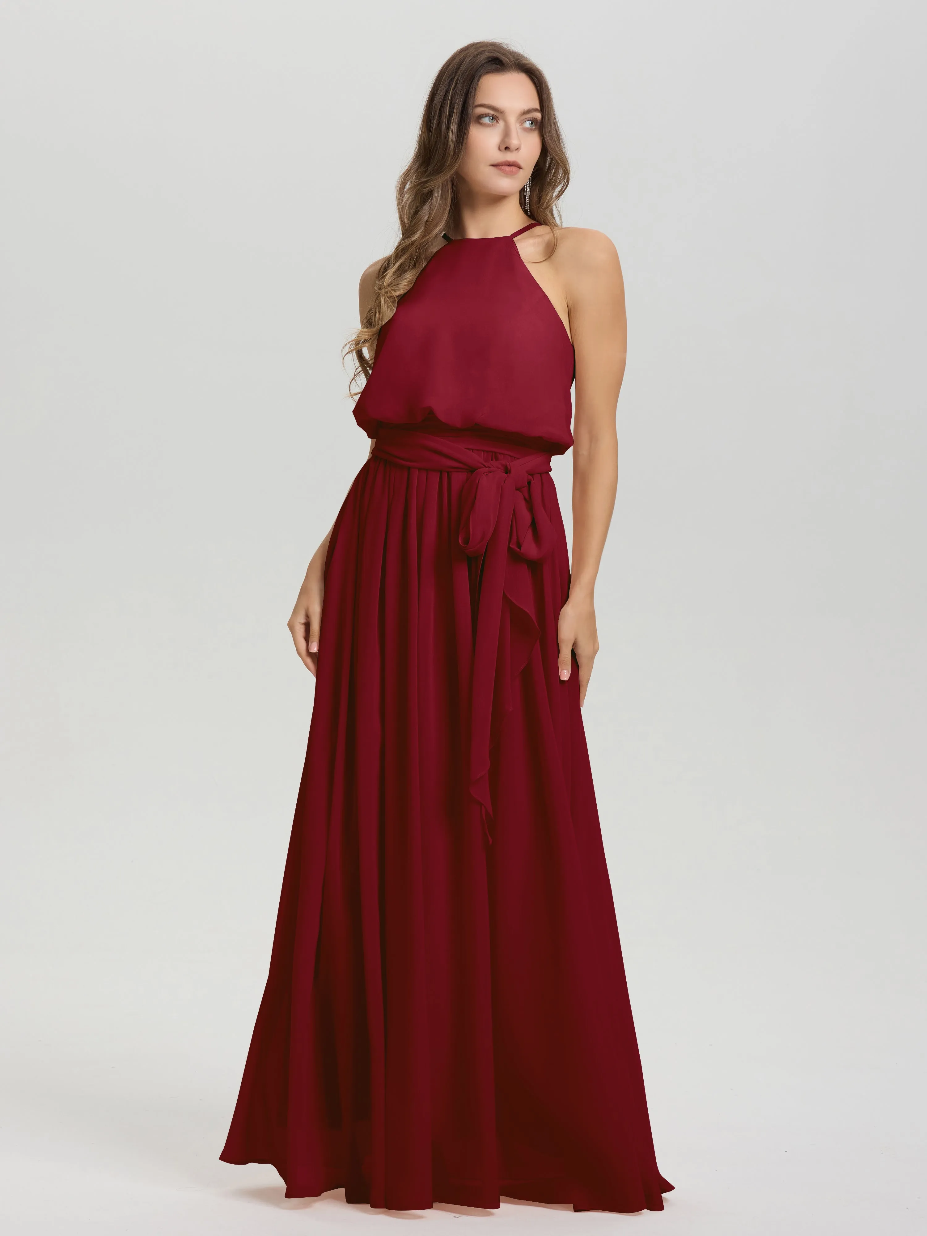 Halter Sleeveless Floor Length Chiffon Bridesmaid Dresses With Belt