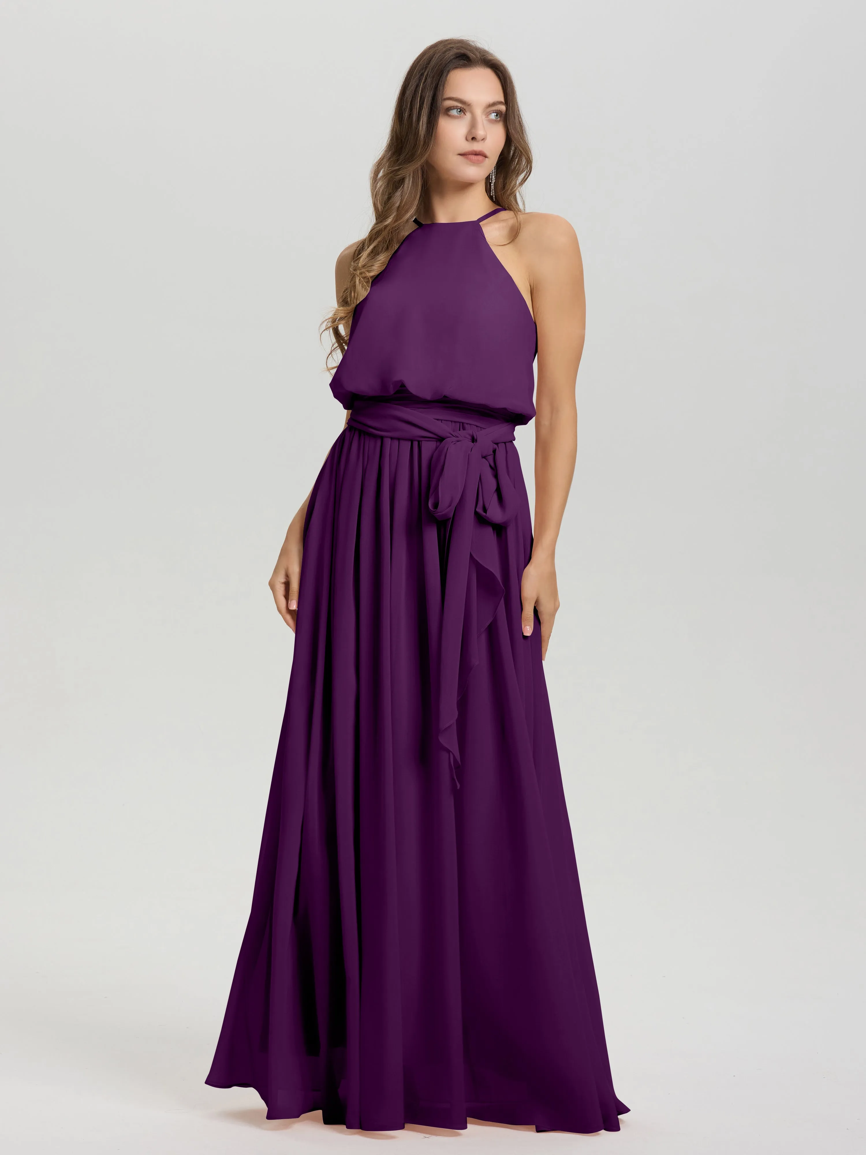 Halter Sleeveless Floor Length Chiffon Bridesmaid Dresses With Belt