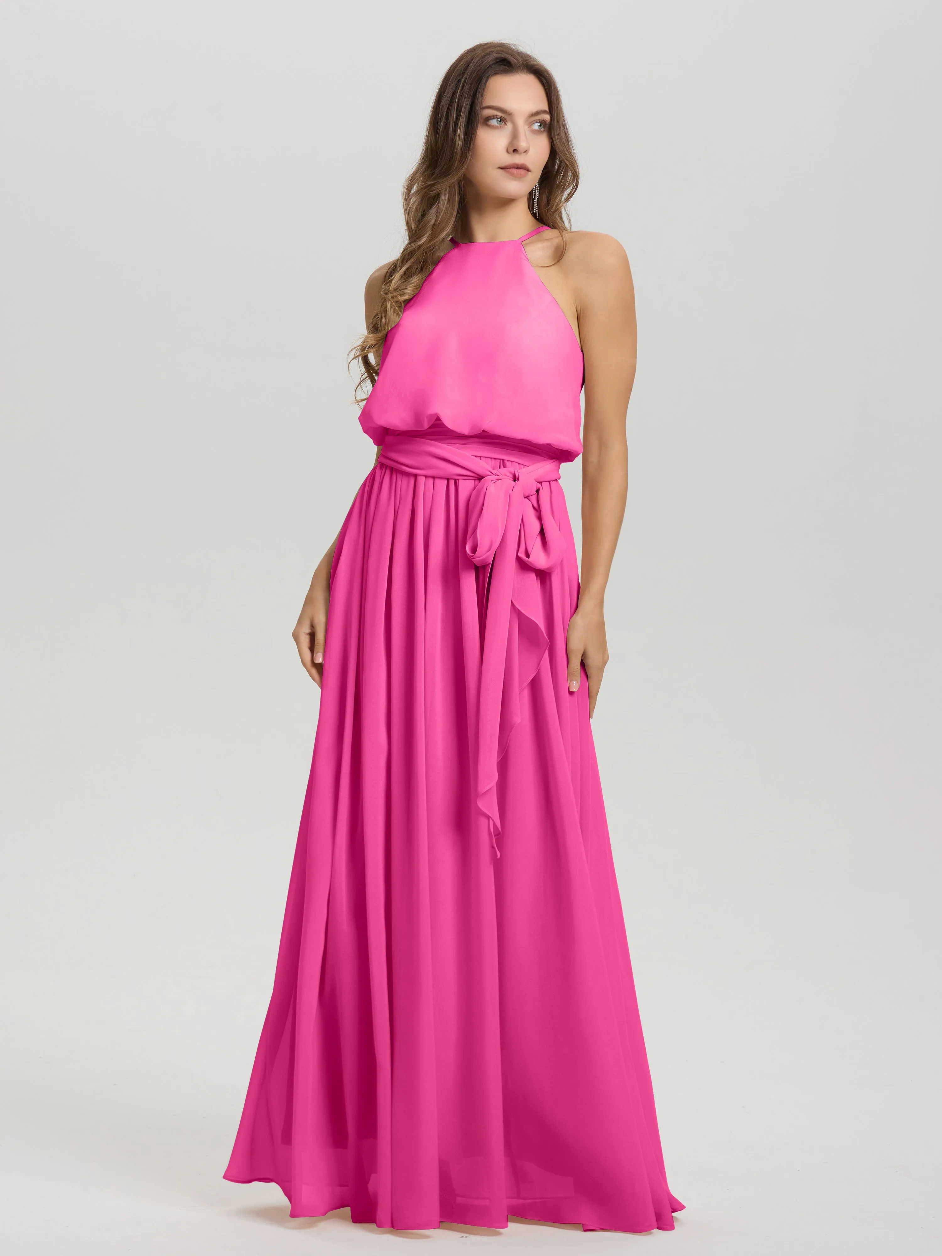 Halter Sleeveless Floor Length Chiffon Bridesmaid Dresses With Belt