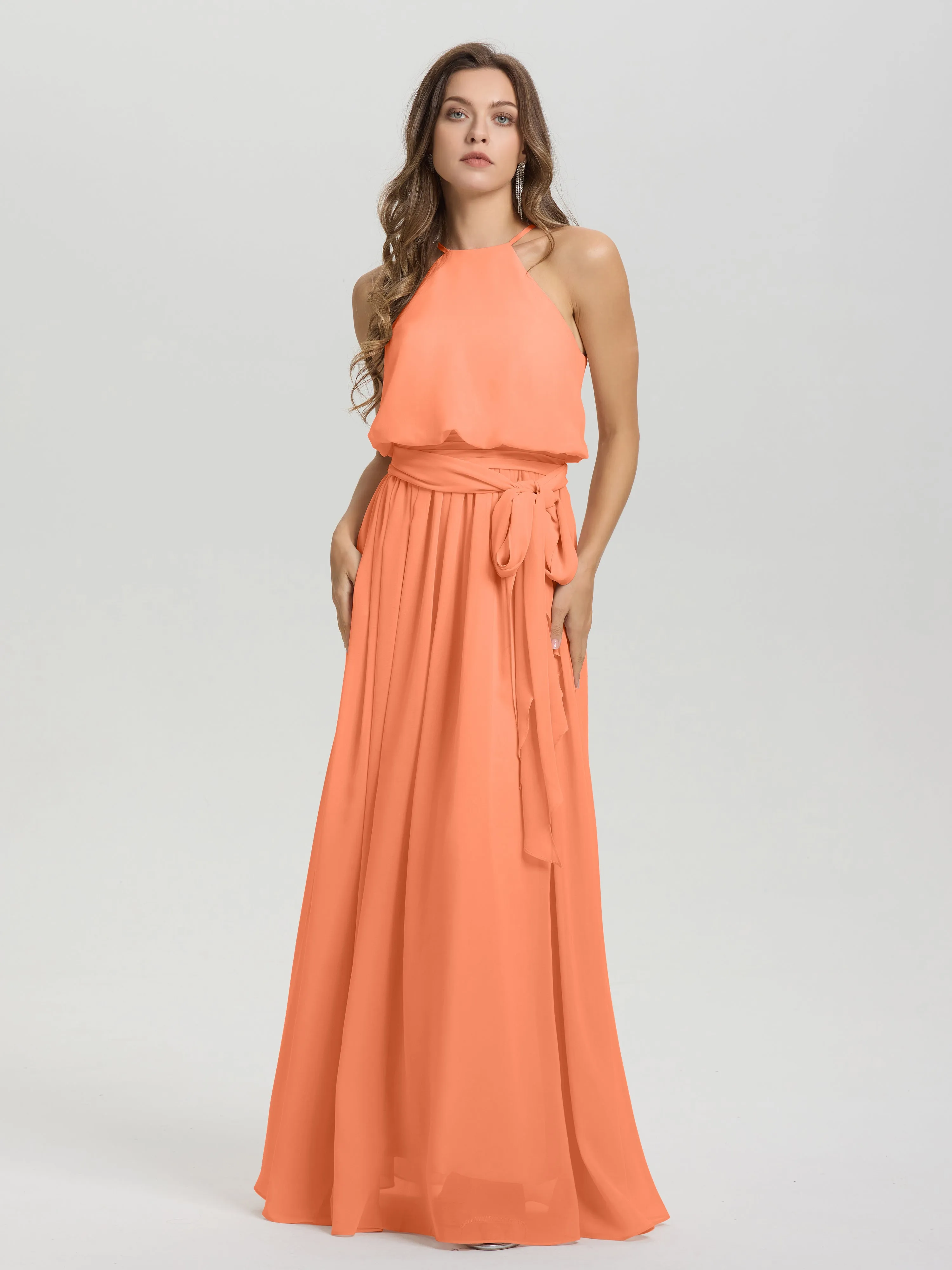 Halter Sleeveless Floor Length Chiffon Bridesmaid Dresses With Belt