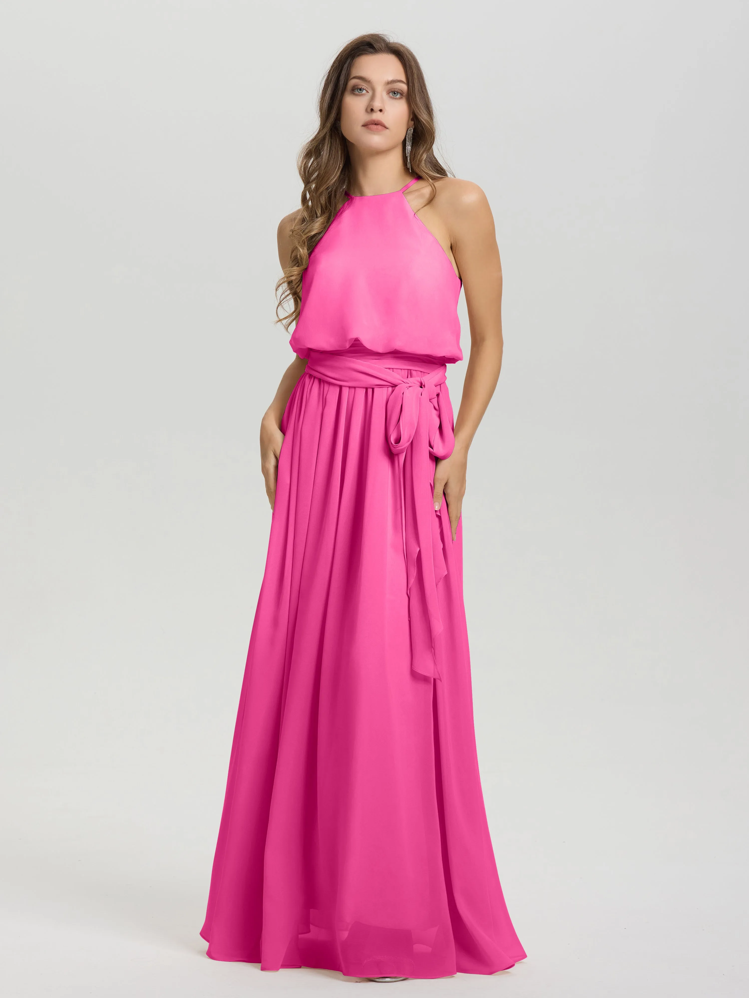 Halter Sleeveless Floor Length Chiffon Bridesmaid Dresses With Belt