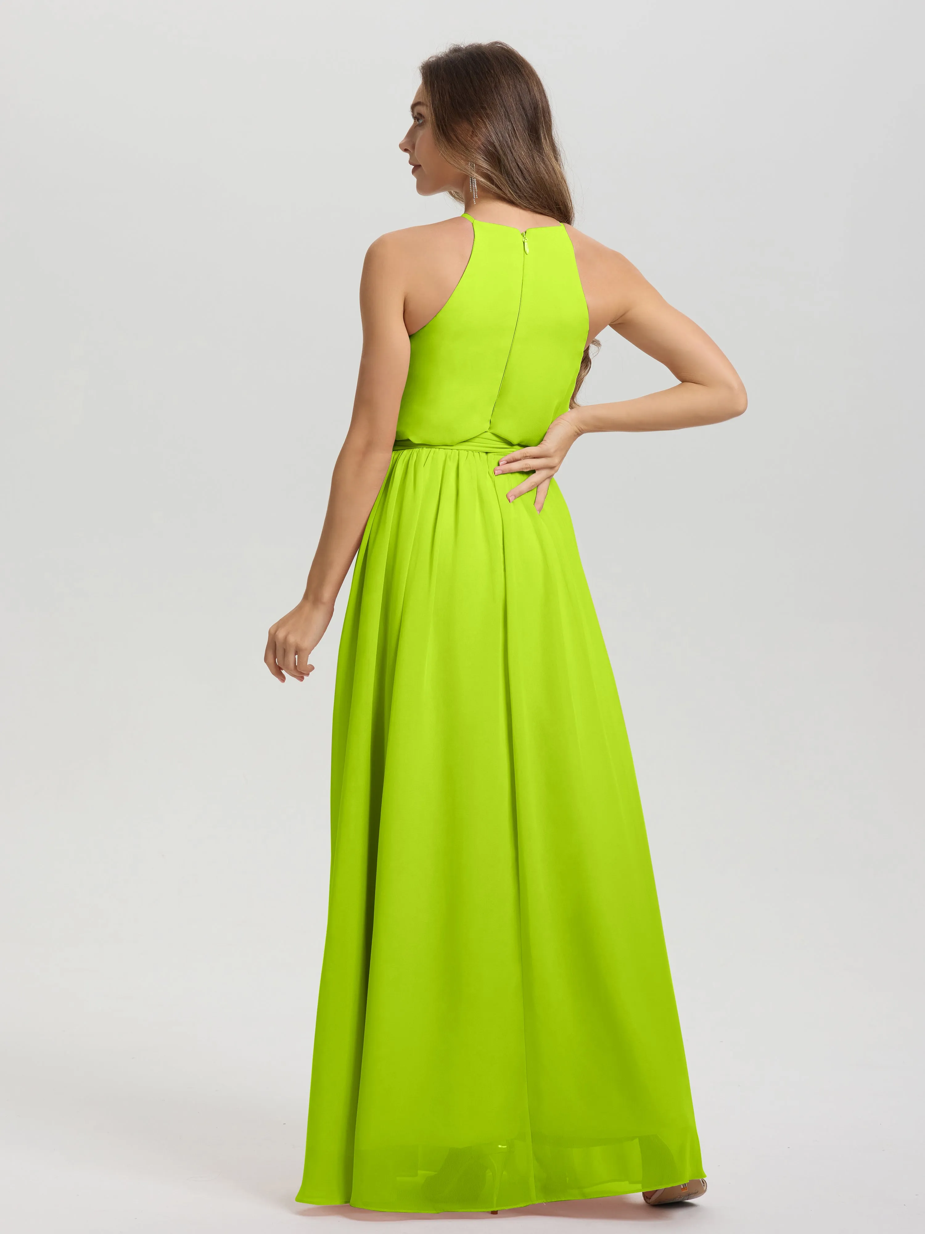 Halter Sleeveless Floor Length Chiffon Bridesmaid Dresses With Belt