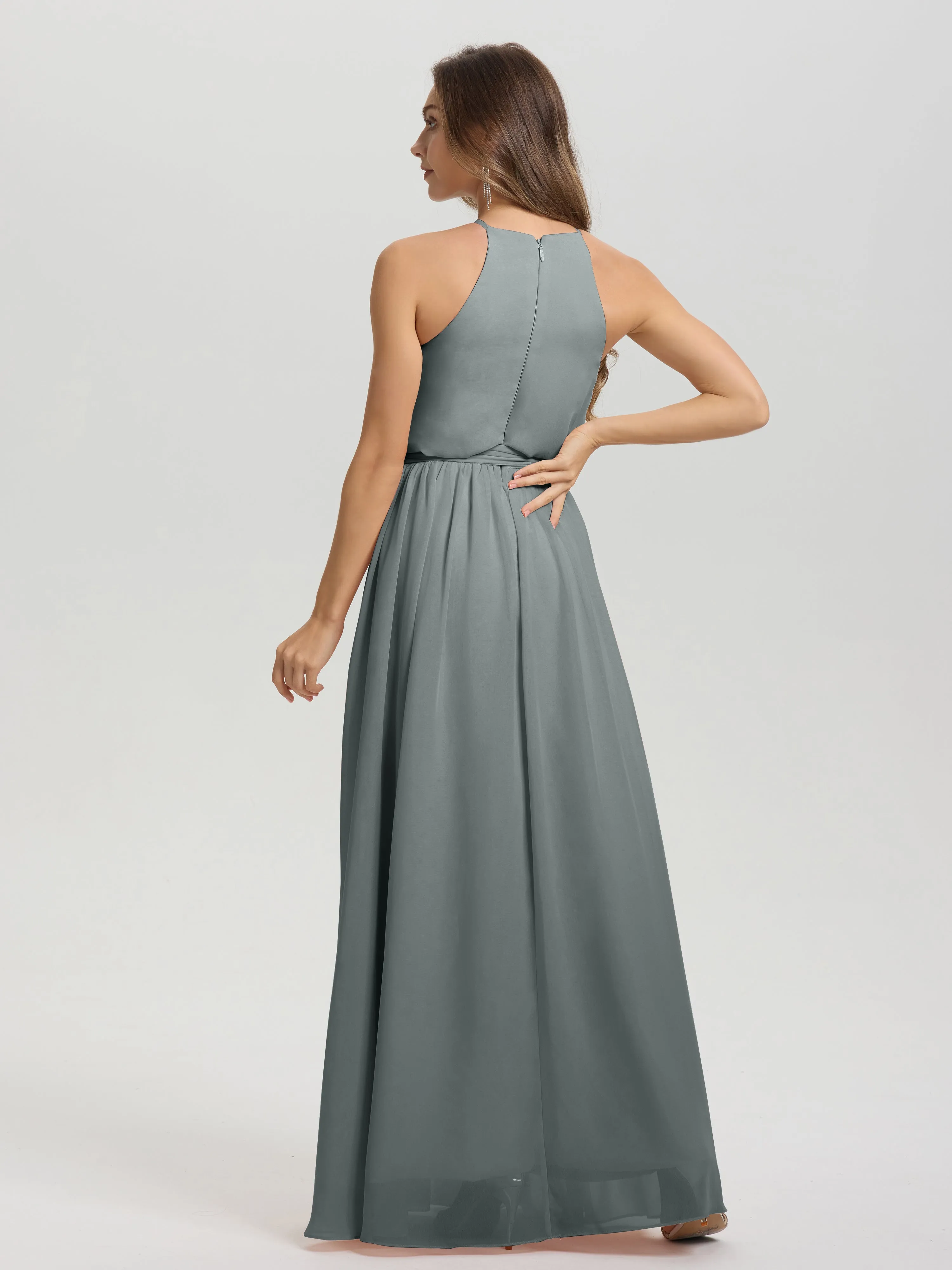 Halter Sleeveless Floor Length Chiffon Bridesmaid Dresses With Belt