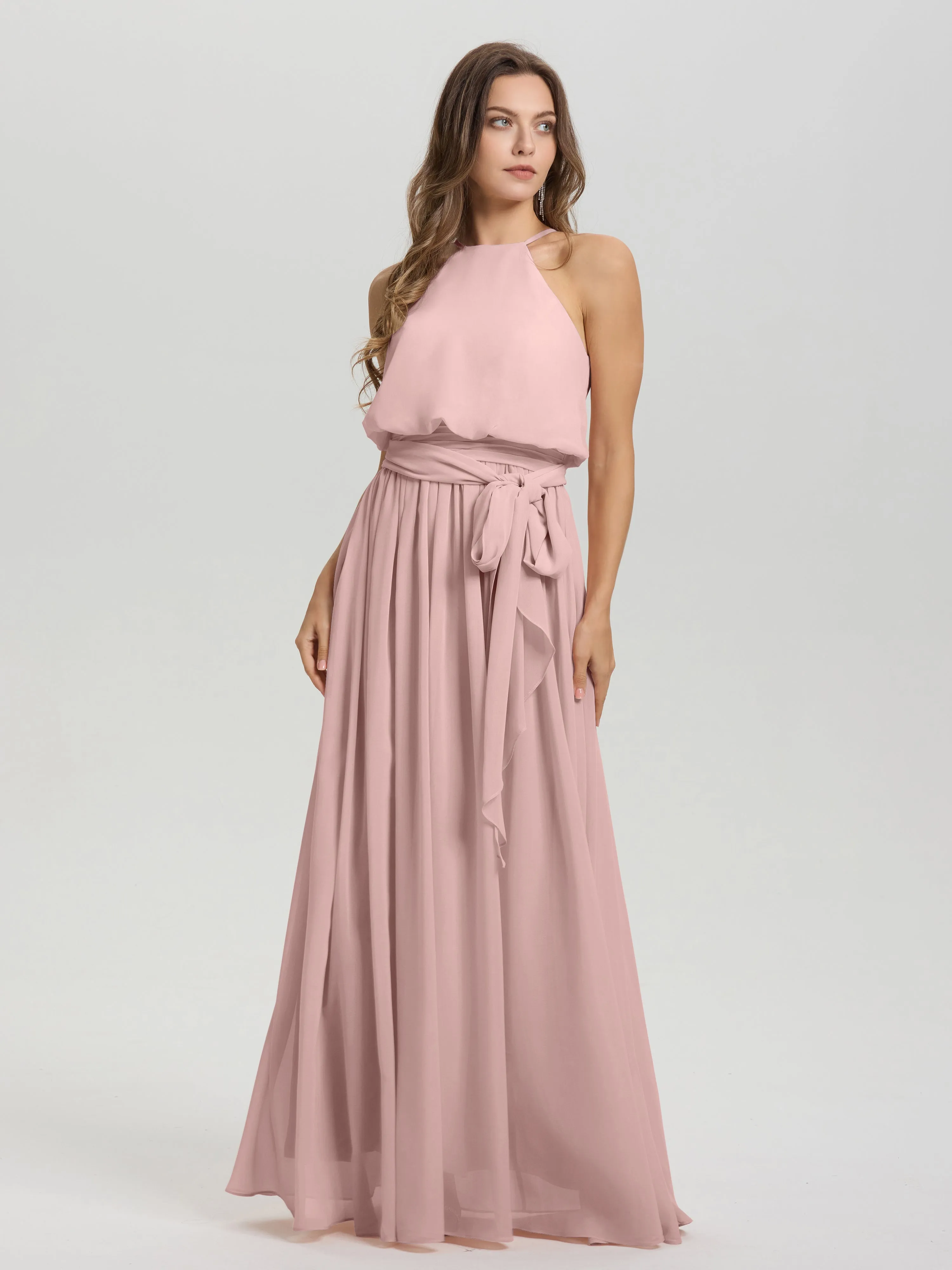 Halter Sleeveless Floor Length Chiffon Bridesmaid Dresses With Belt