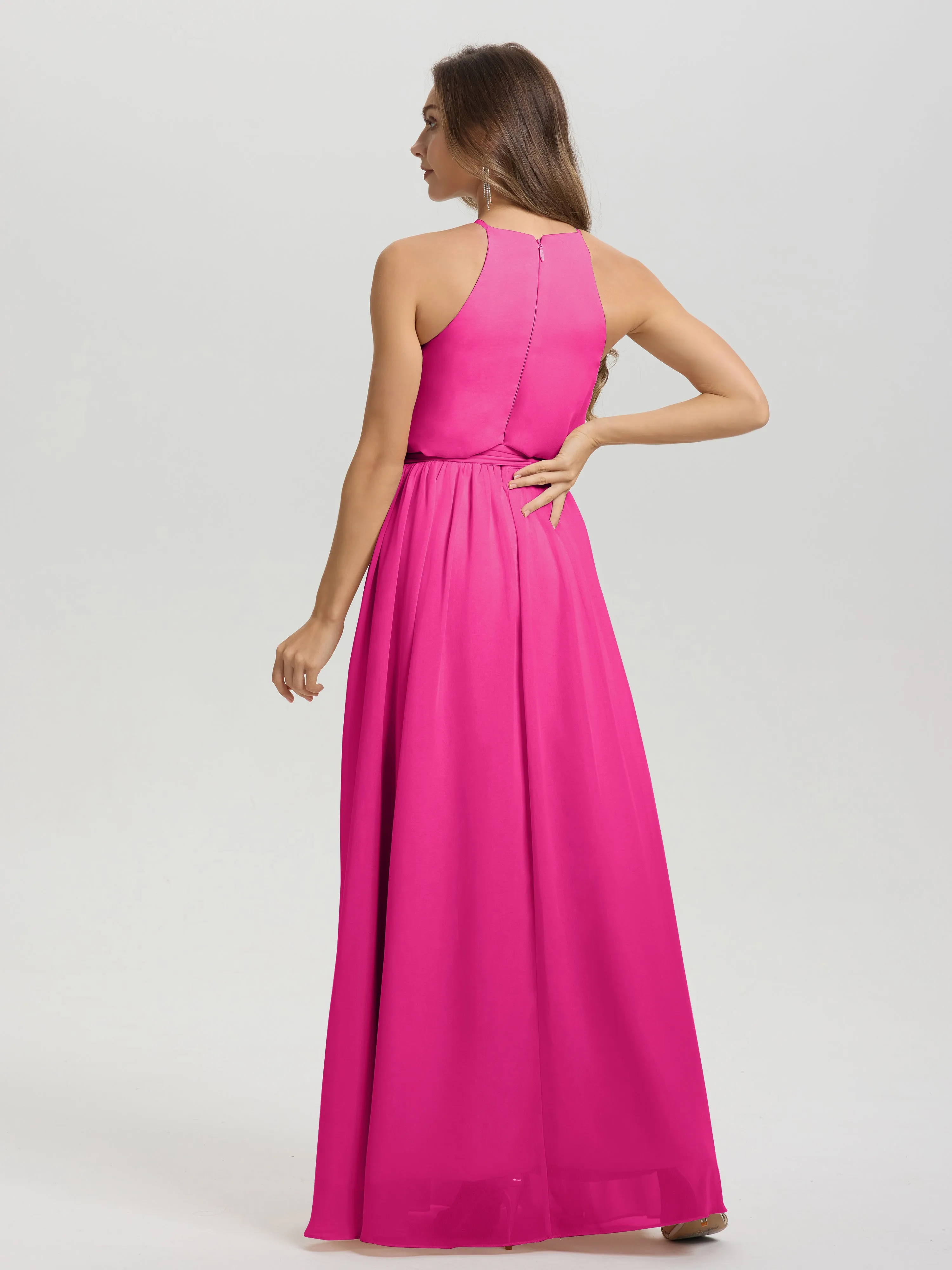 Halter Sleeveless Floor Length Chiffon Bridesmaid Dresses With Belt