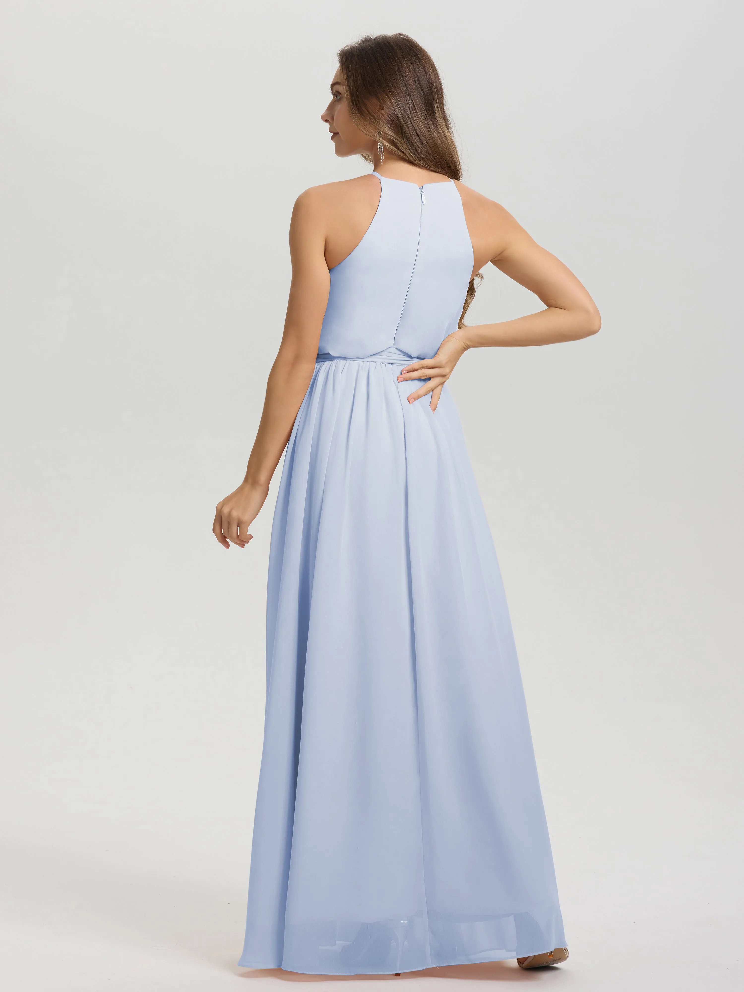 Halter Sleeveless Floor Length Chiffon Bridesmaid Dresses With Belt