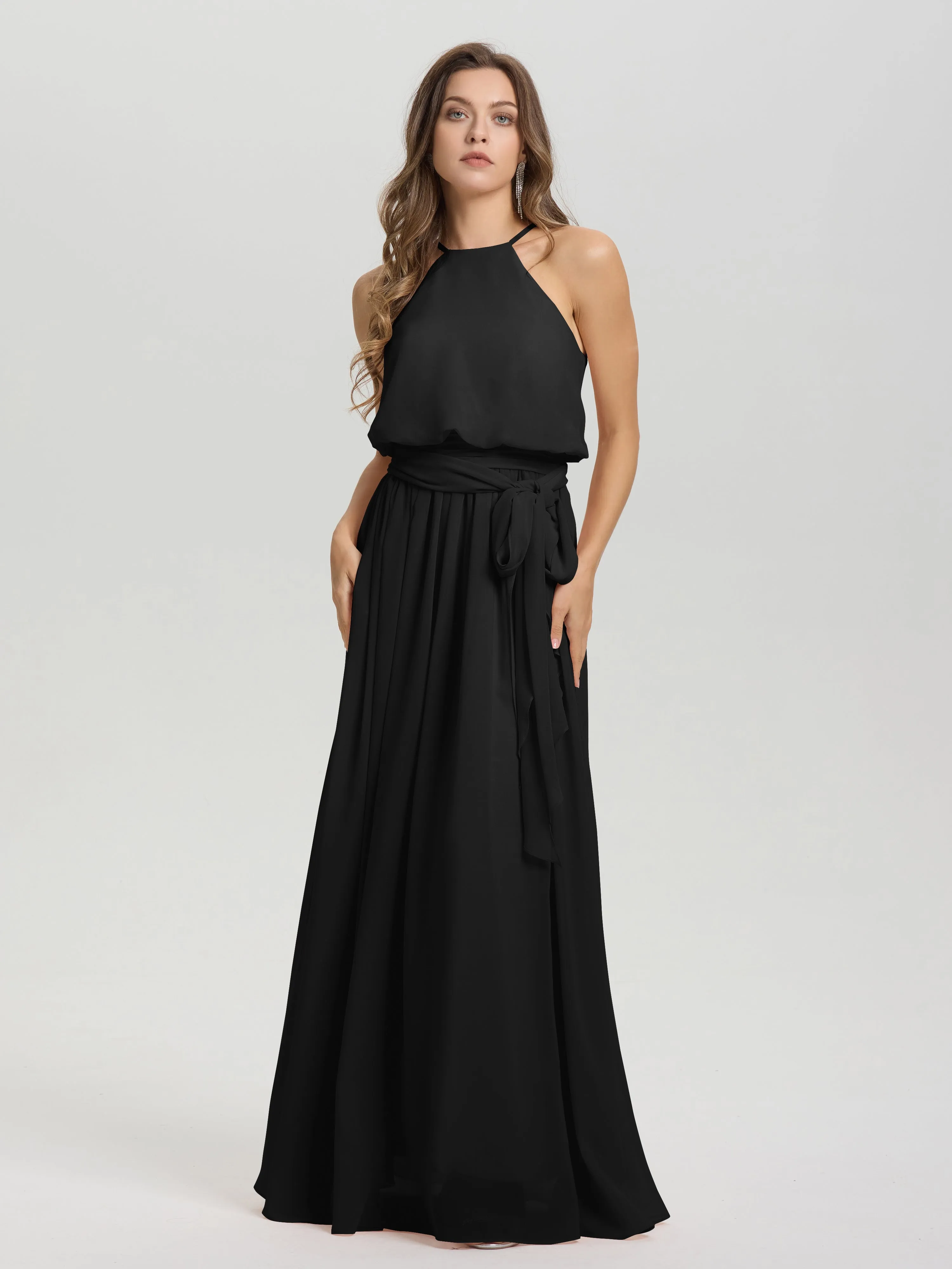 Halter Sleeveless Floor Length Chiffon Bridesmaid Dresses With Belt