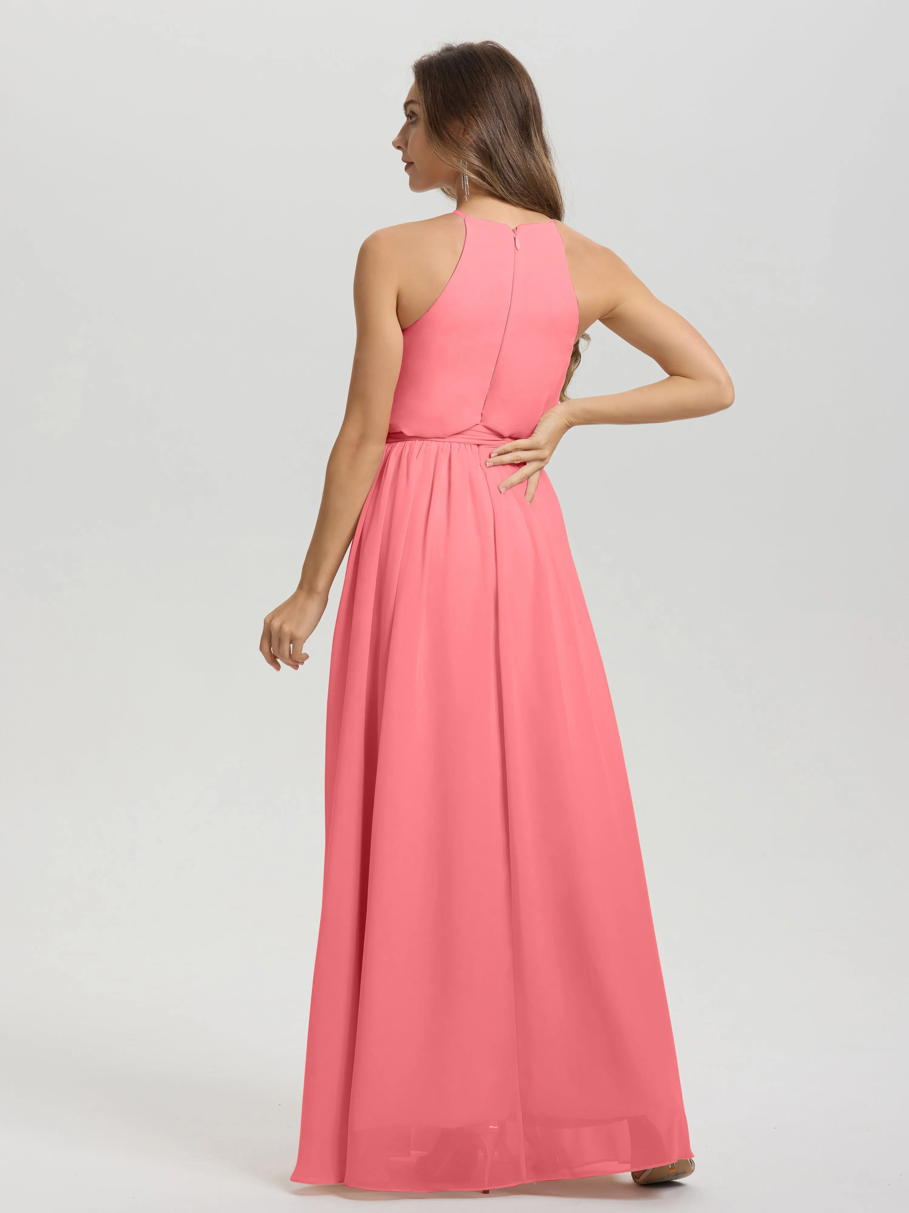 Halter Sleeveless Floor Length Chiffon Bridesmaid Dresses With Belt