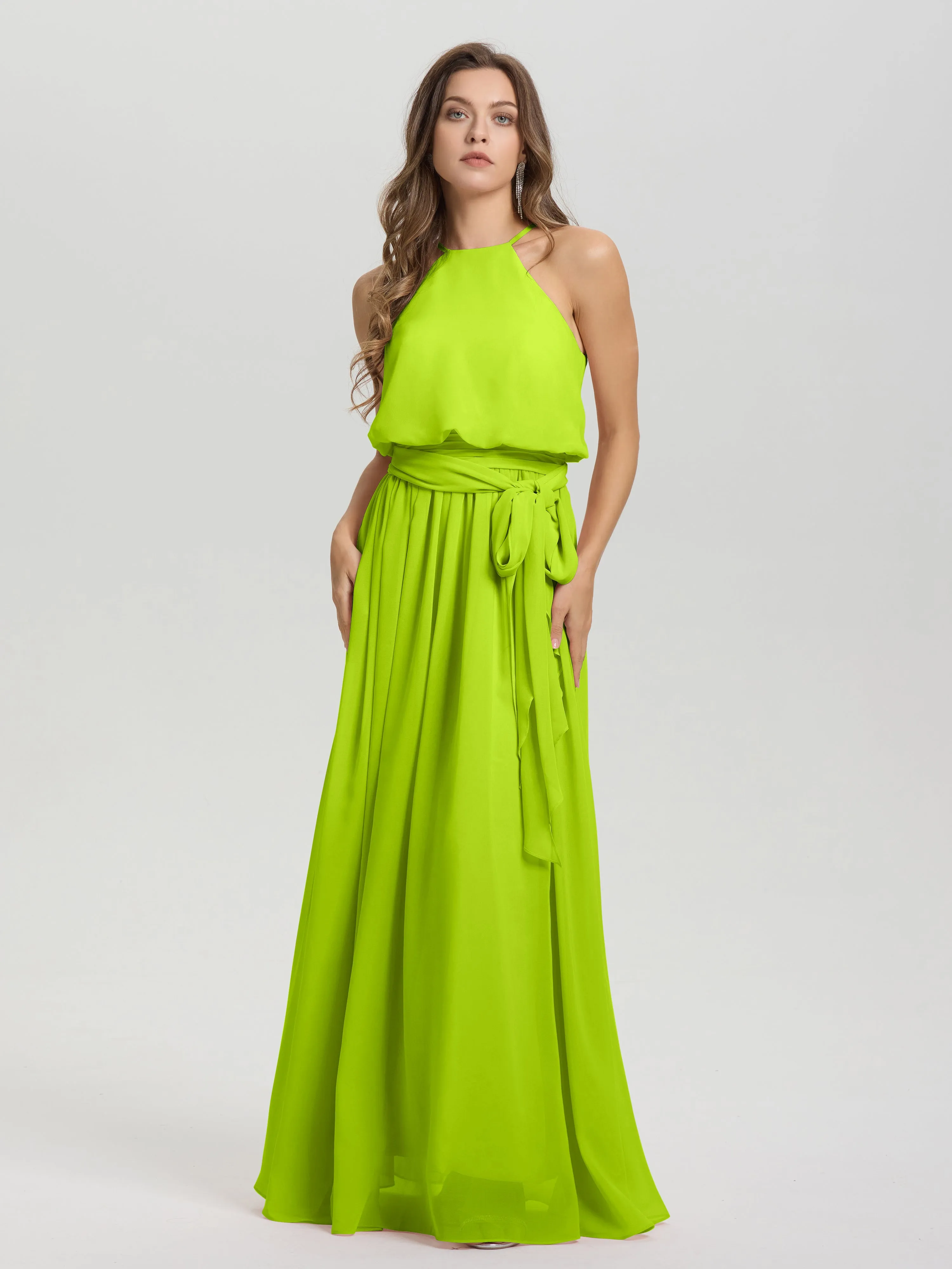 Halter Sleeveless Floor Length Chiffon Bridesmaid Dresses With Belt