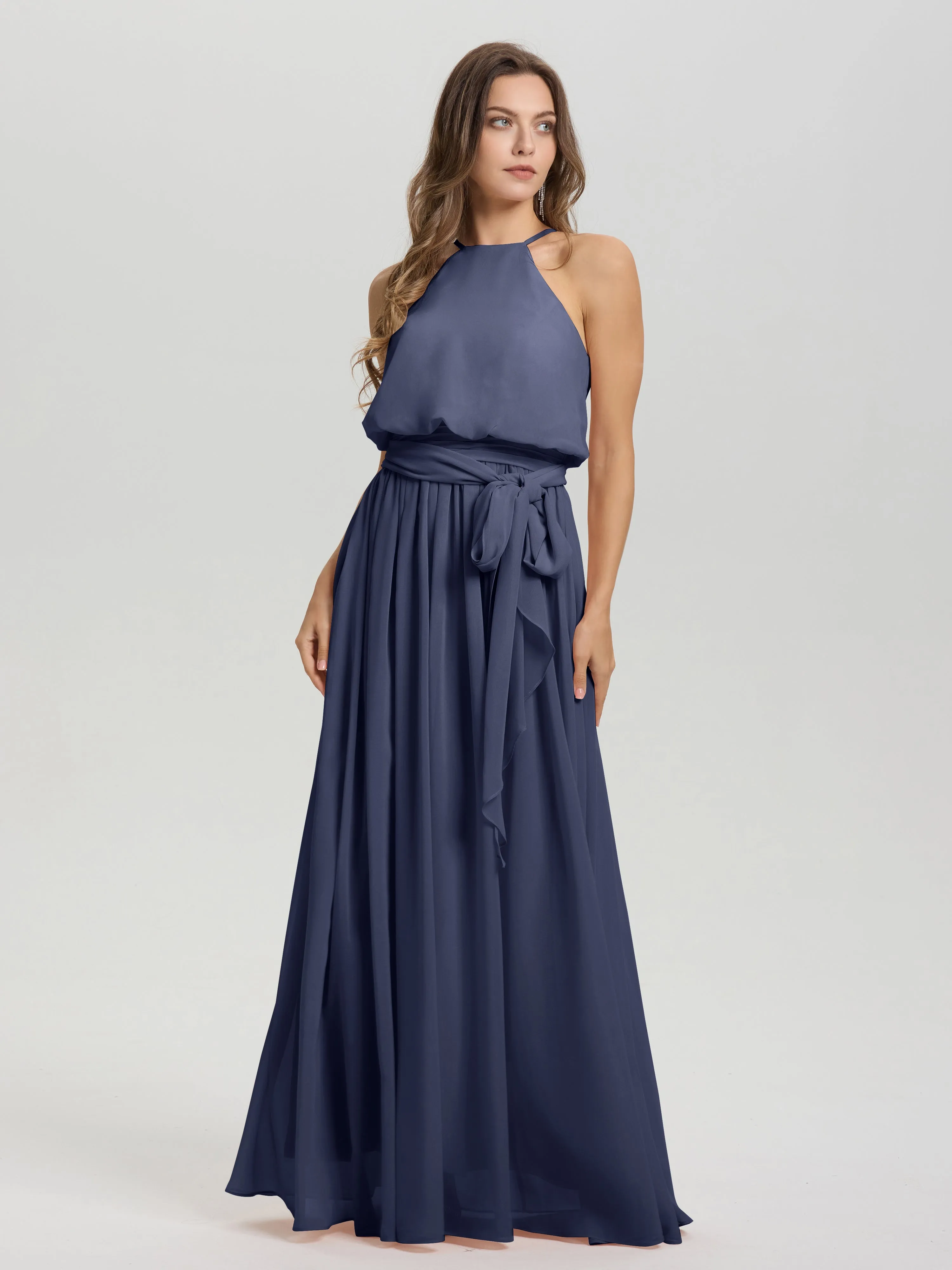 Halter Sleeveless Floor Length Chiffon Bridesmaid Dresses With Belt