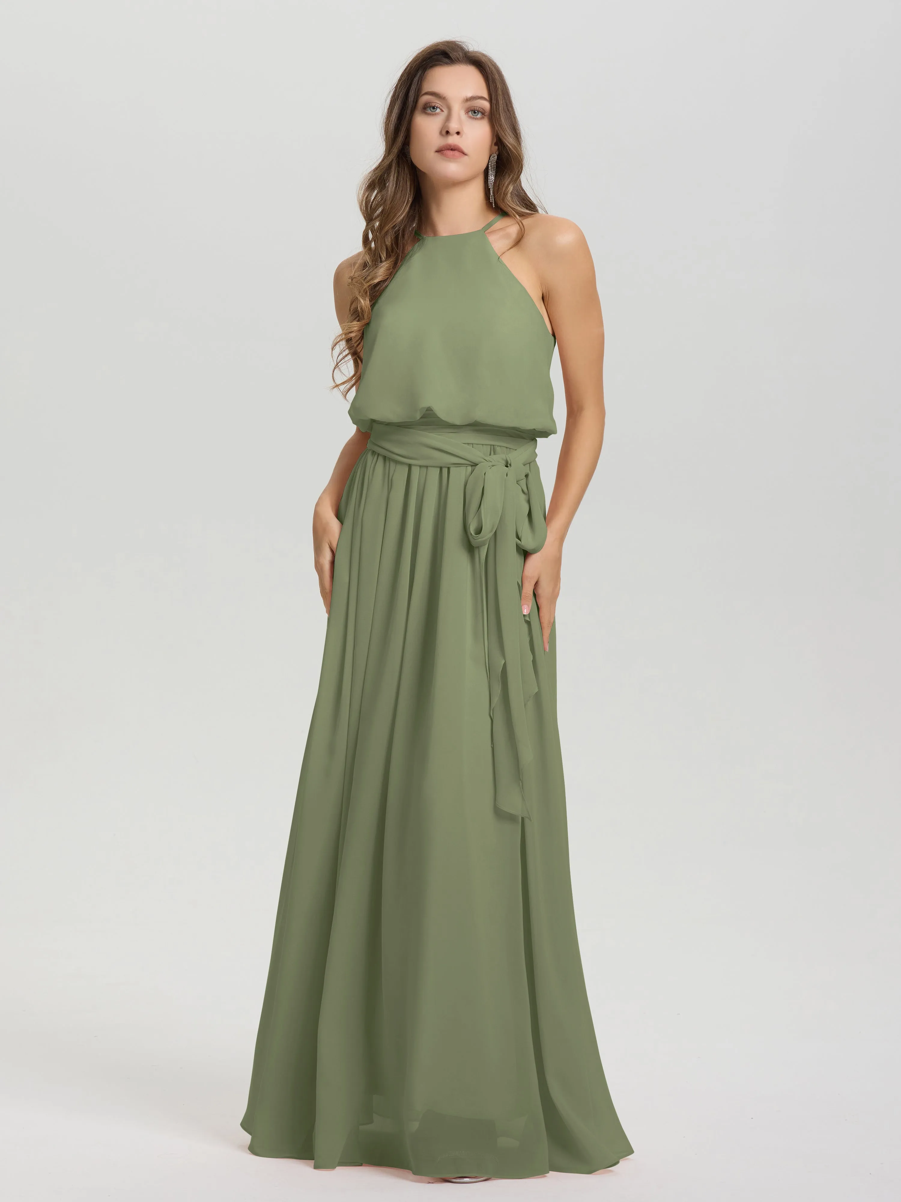 Halter Sleeveless Floor Length Chiffon Bridesmaid Dresses With Belt