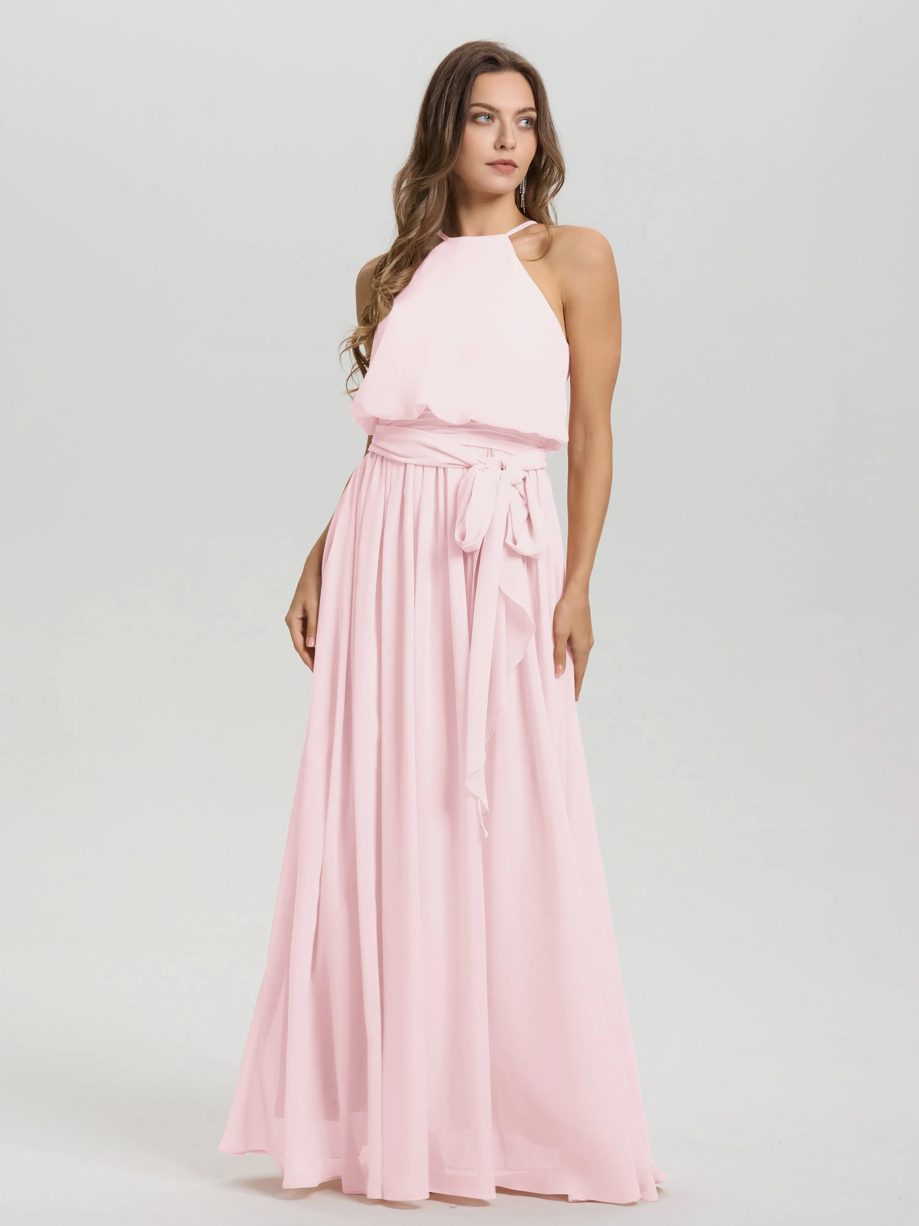 Halter Sleeveless Floor Length Chiffon Bridesmaid Dresses With Belt