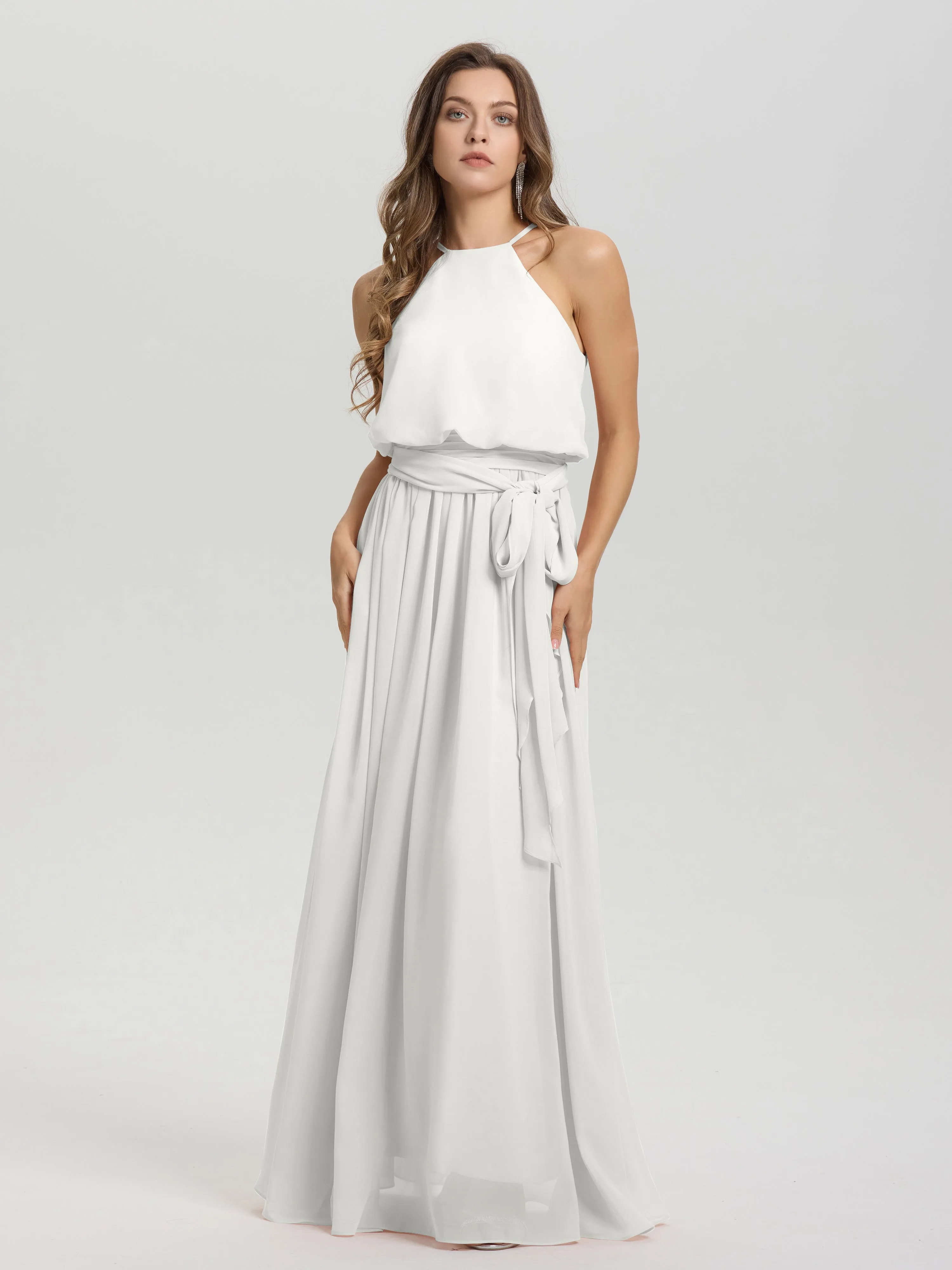 Halter Sleeveless Floor Length Chiffon Bridesmaid Dresses With Belt