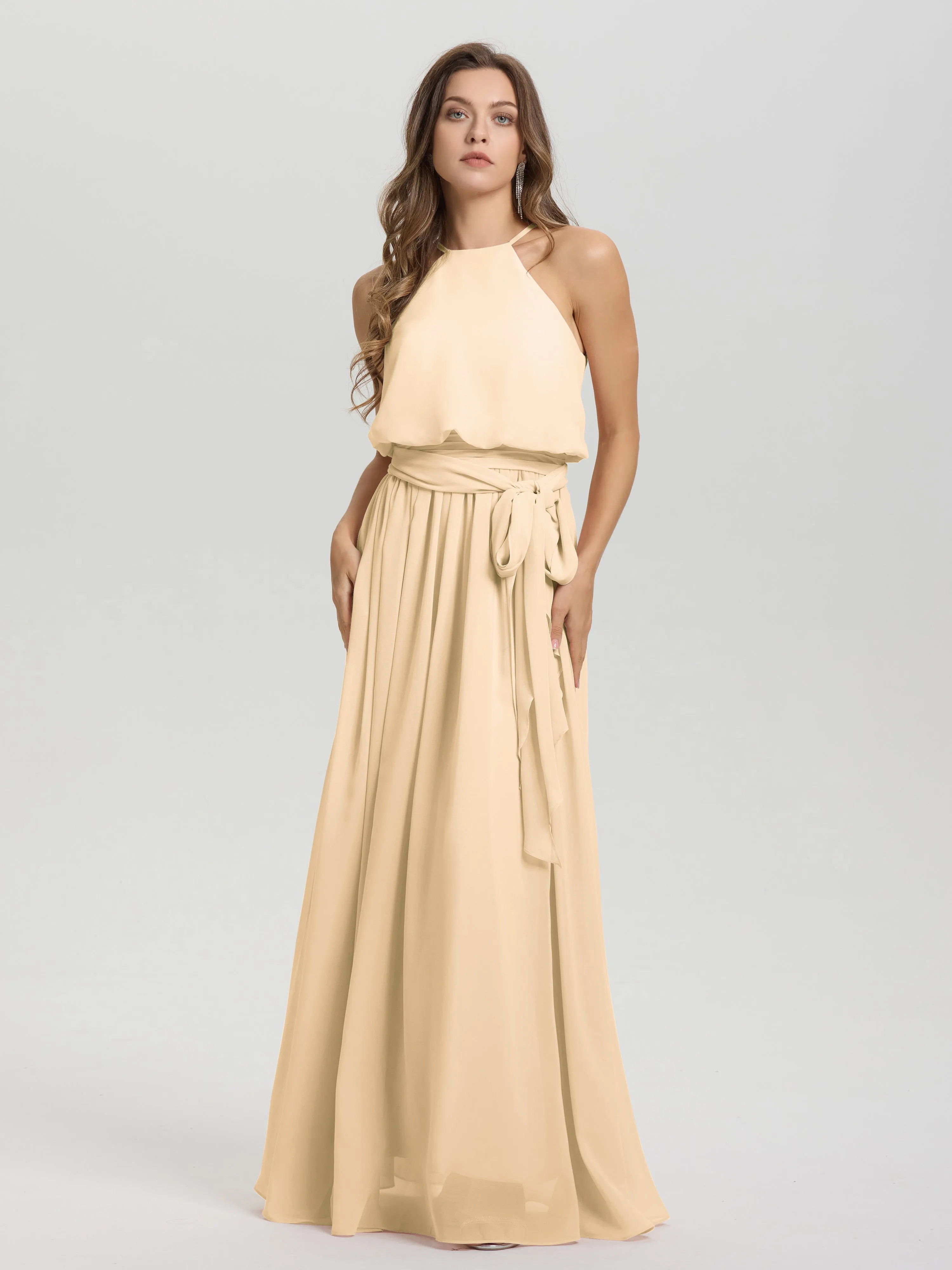 Halter Sleeveless Floor Length Chiffon Bridesmaid Dresses With Belt