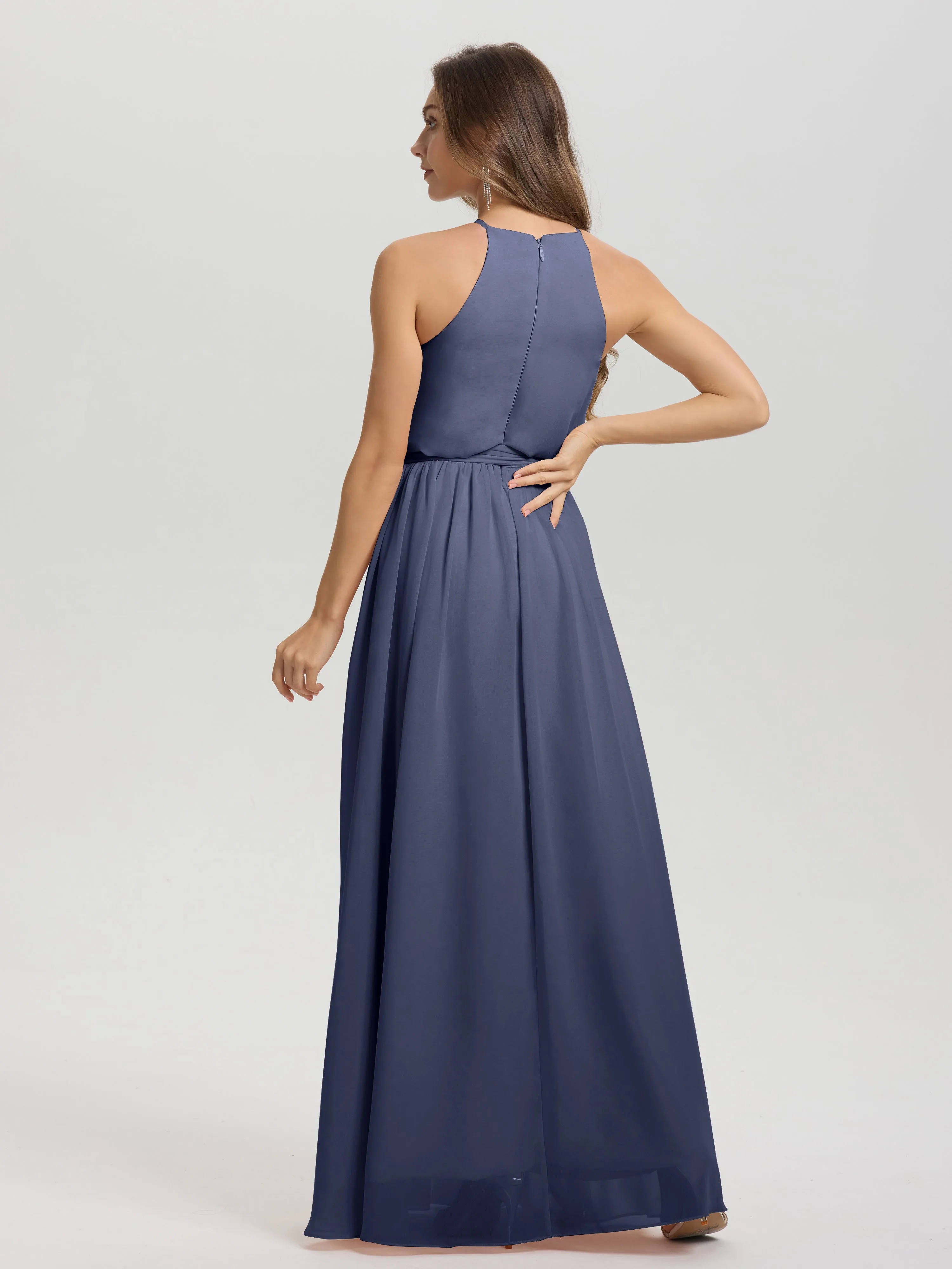 Halter Sleeveless Floor Length Chiffon Bridesmaid Dresses With Belt