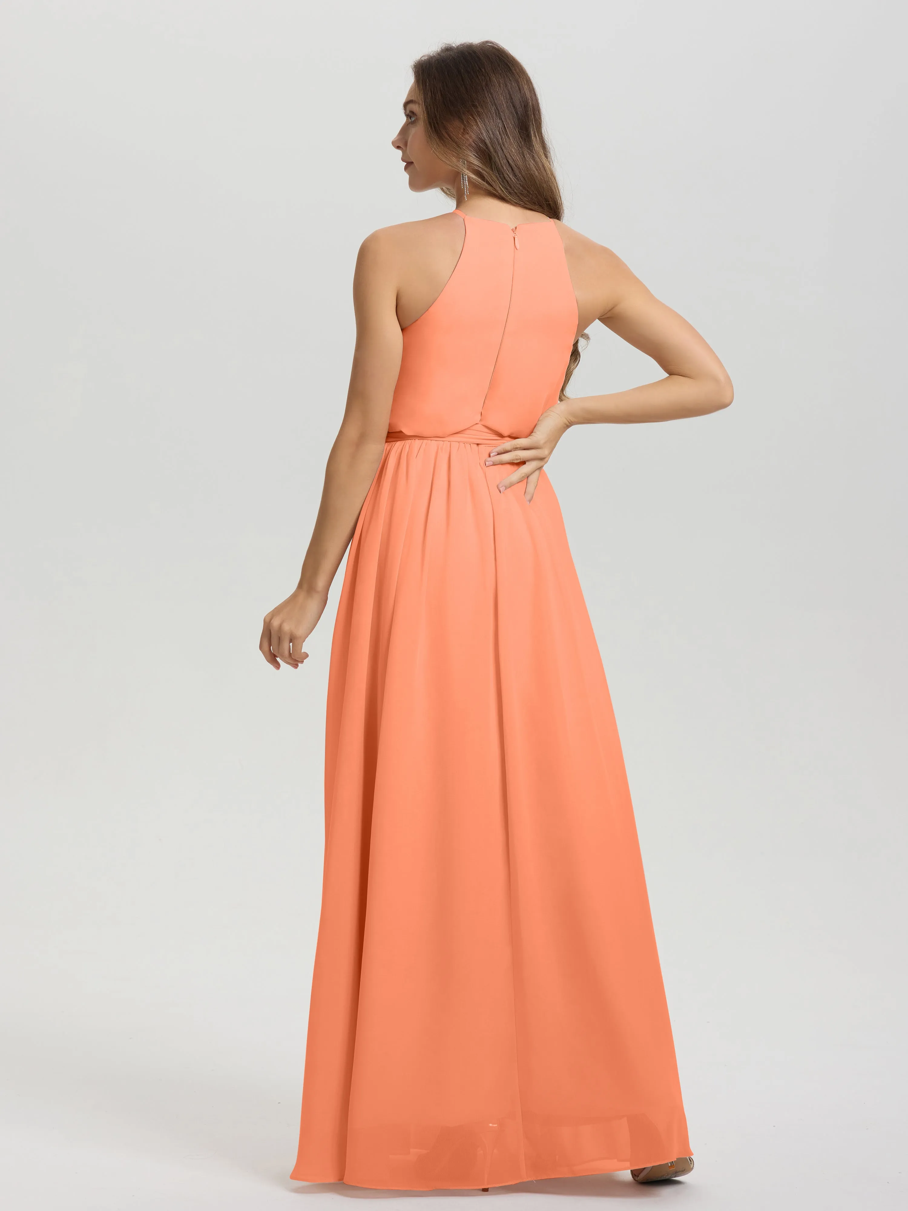 Halter Sleeveless Floor Length Chiffon Bridesmaid Dresses With Belt