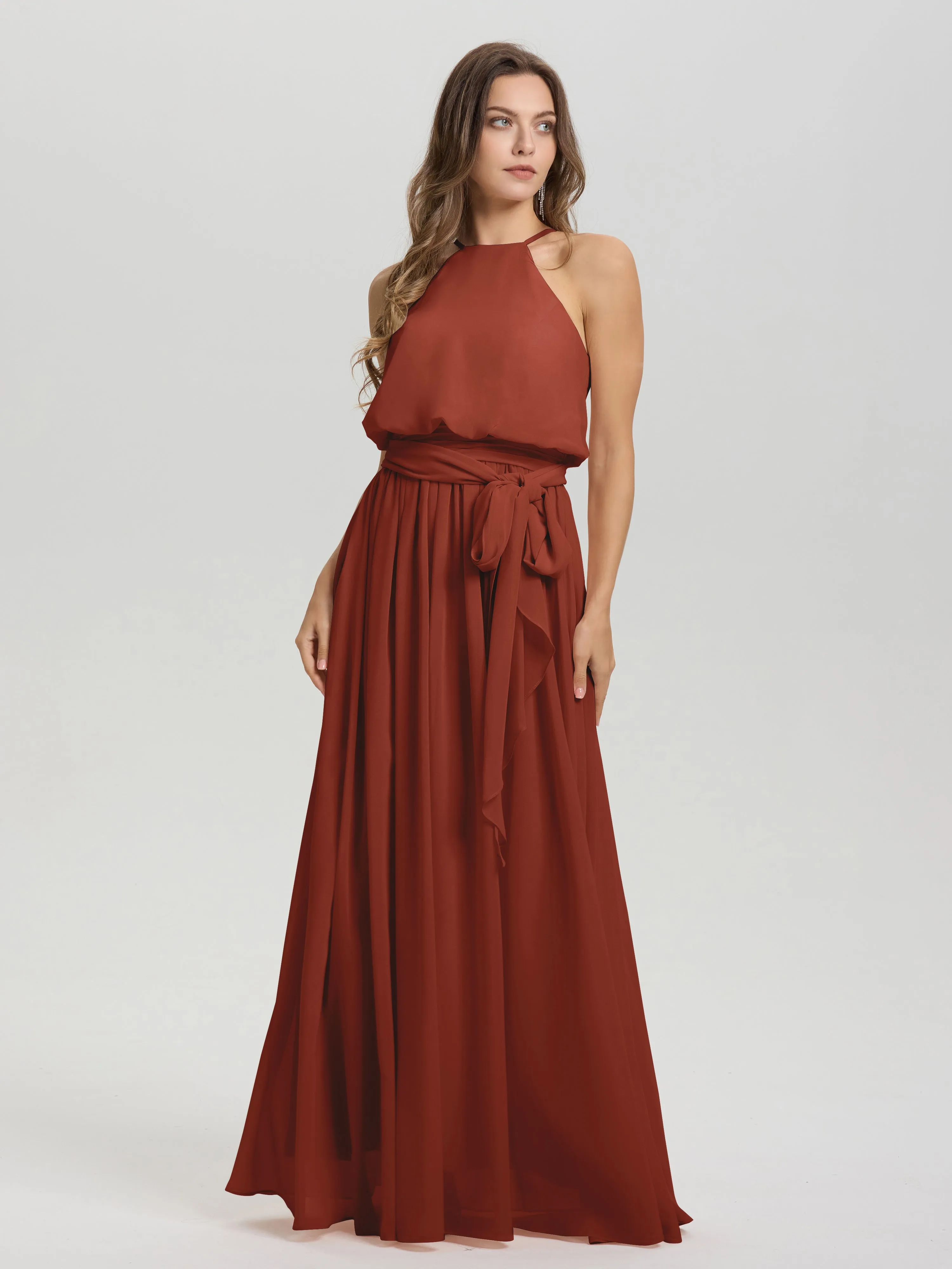 Halter Sleeveless Floor Length Chiffon Bridesmaid Dresses With Belt