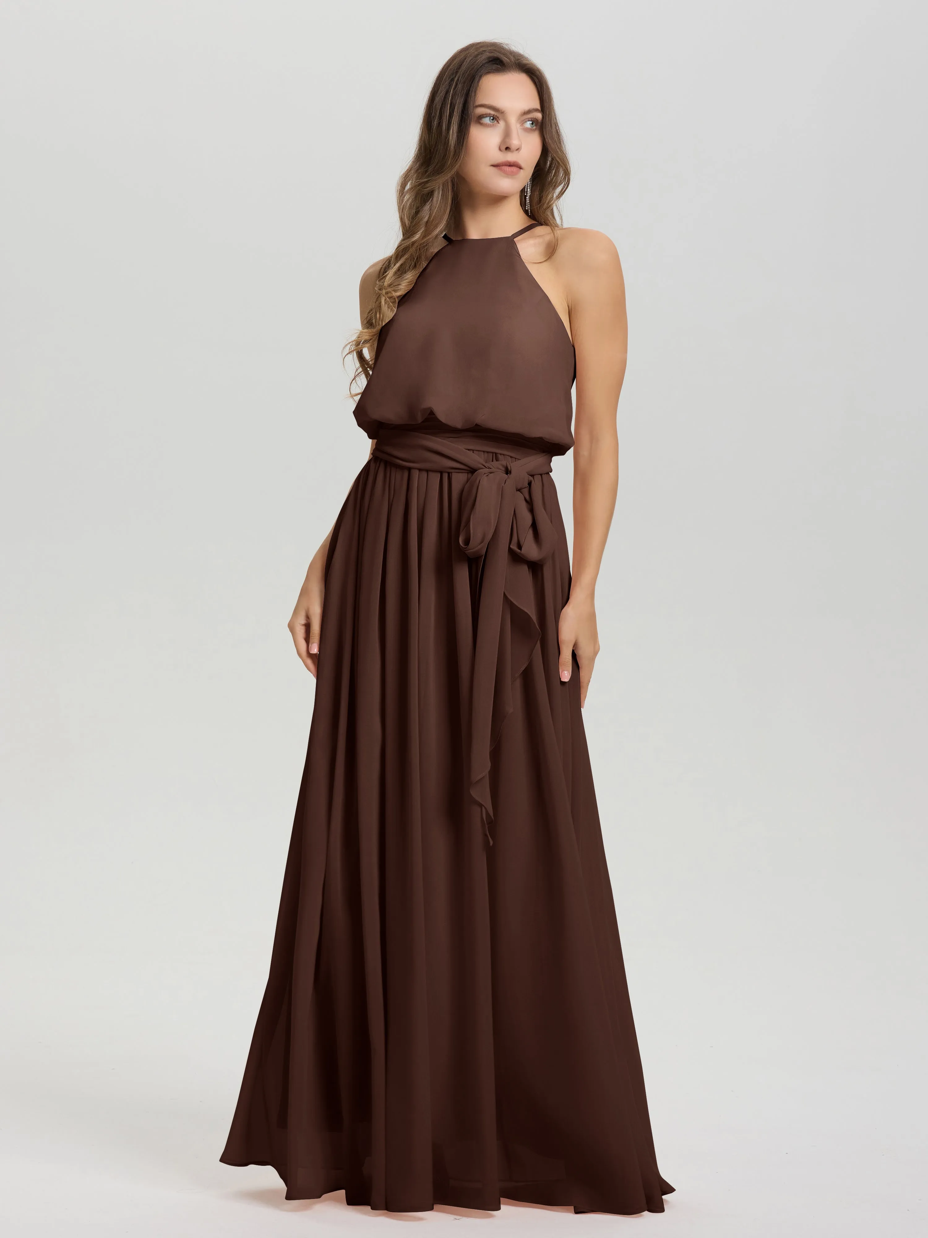 Halter Sleeveless Floor Length Chiffon Bridesmaid Dresses With Belt