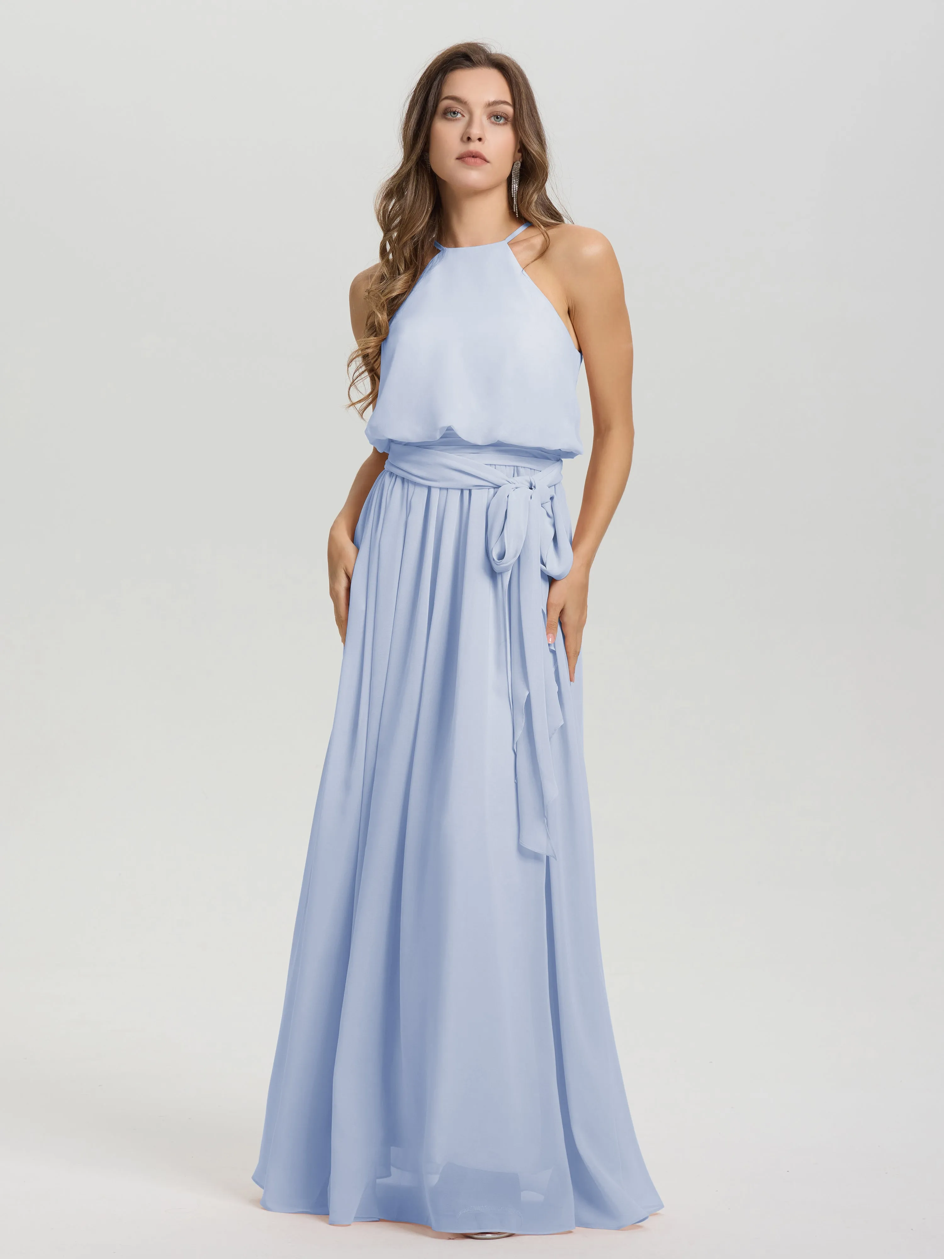 Halter Sleeveless Floor Length Chiffon Bridesmaid Dresses With Belt