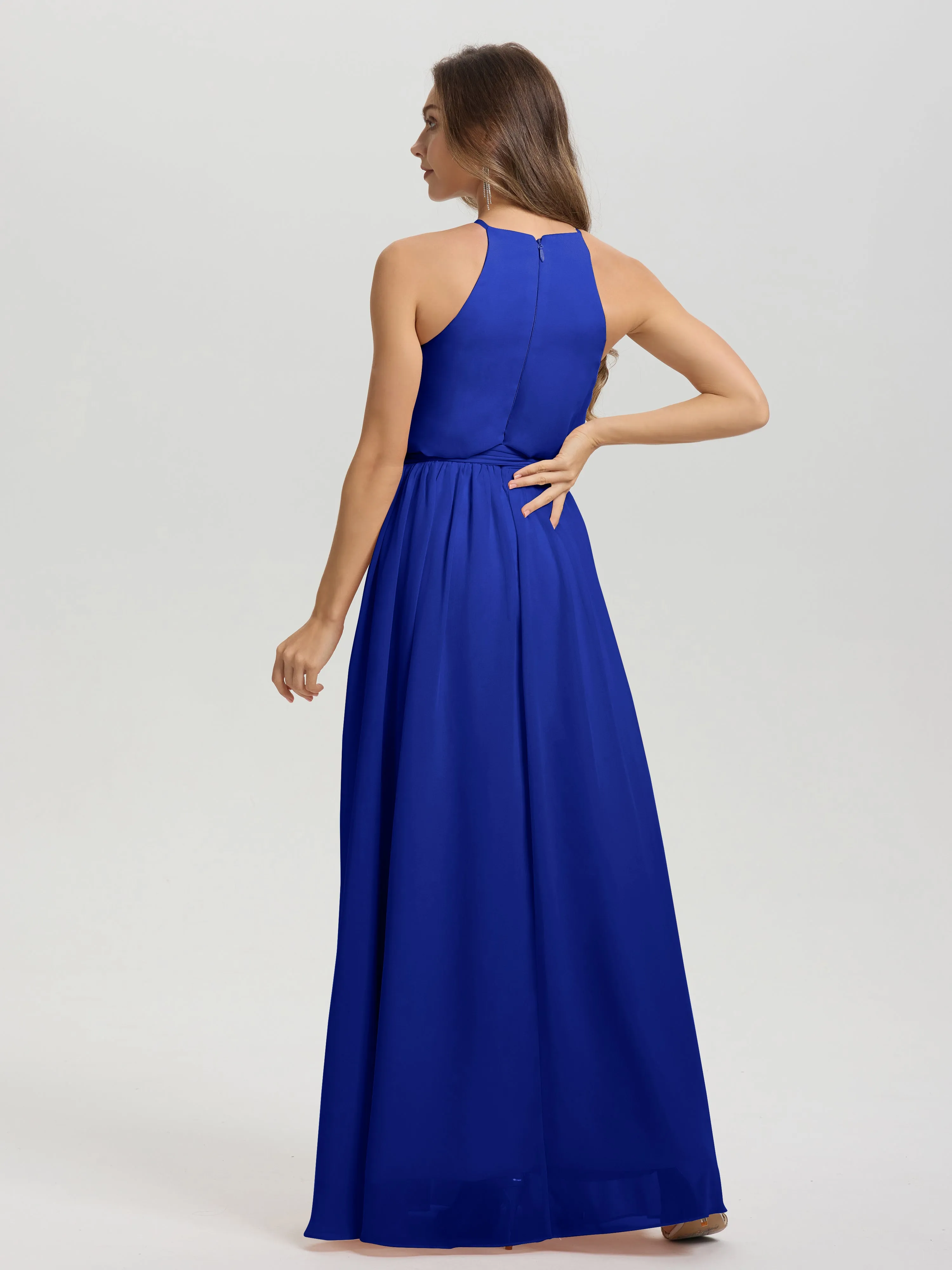 Halter Sleeveless Floor Length Chiffon Bridesmaid Dresses With Belt