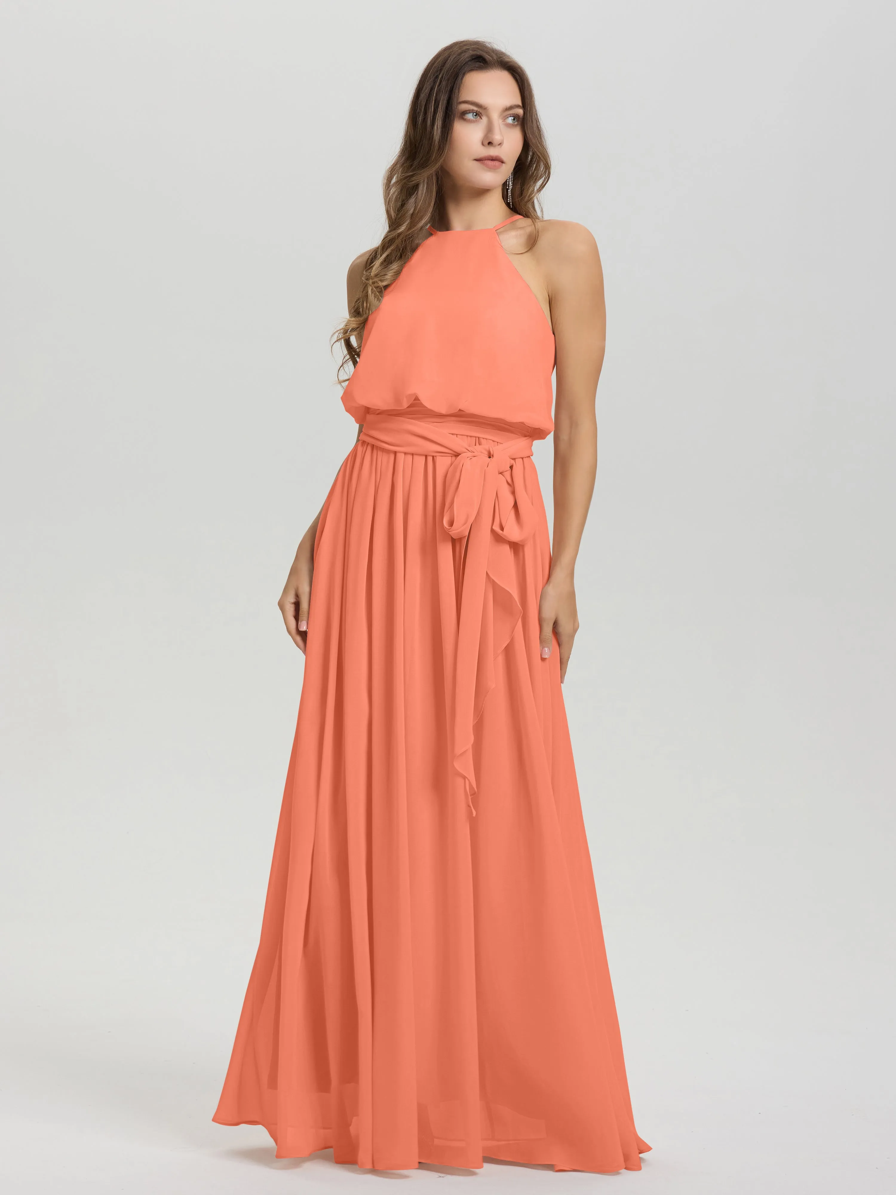 Halter Sleeveless Floor Length Chiffon Bridesmaid Dresses With Belt