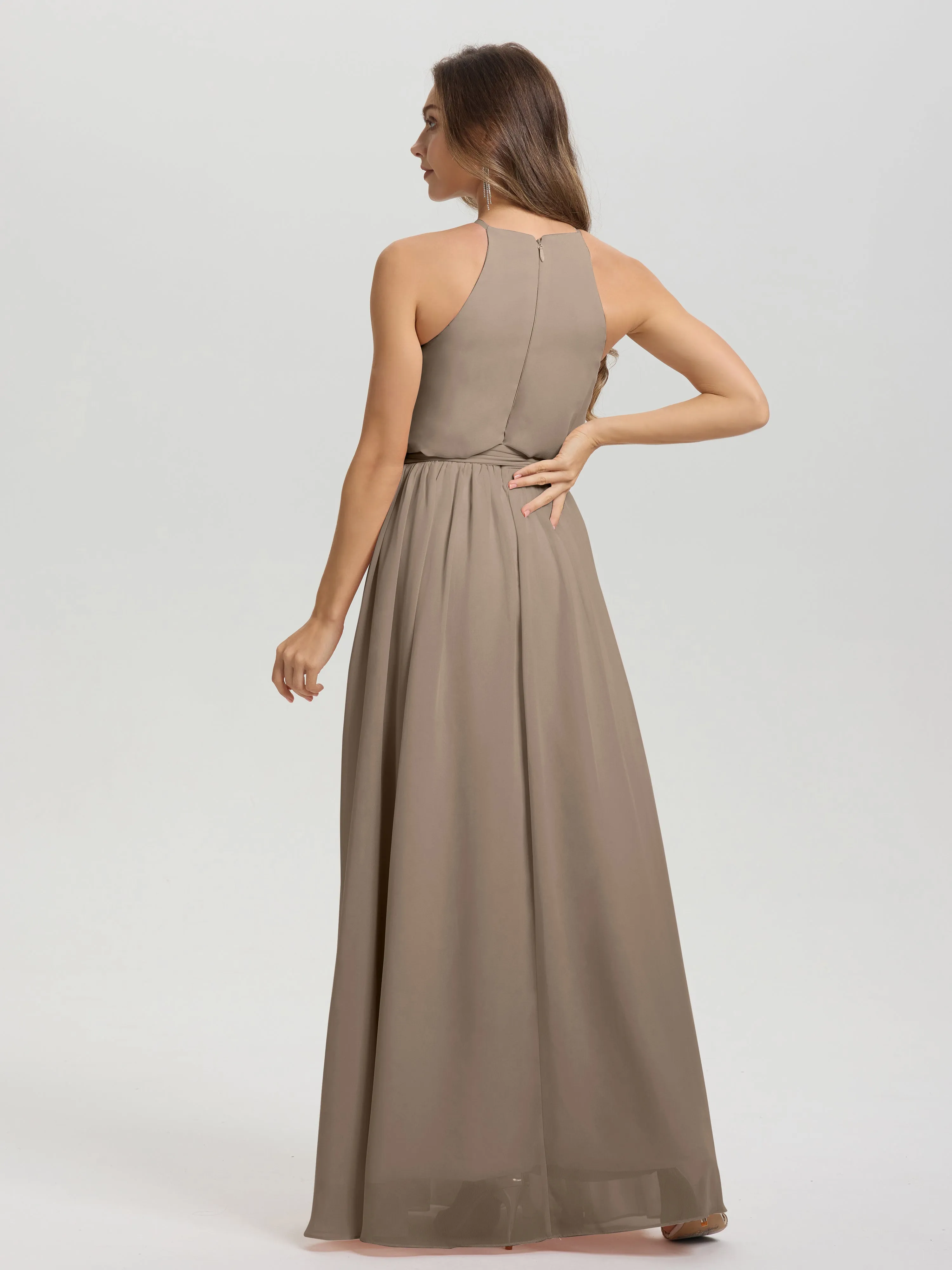 Halter Sleeveless Floor Length Chiffon Bridesmaid Dresses With Belt