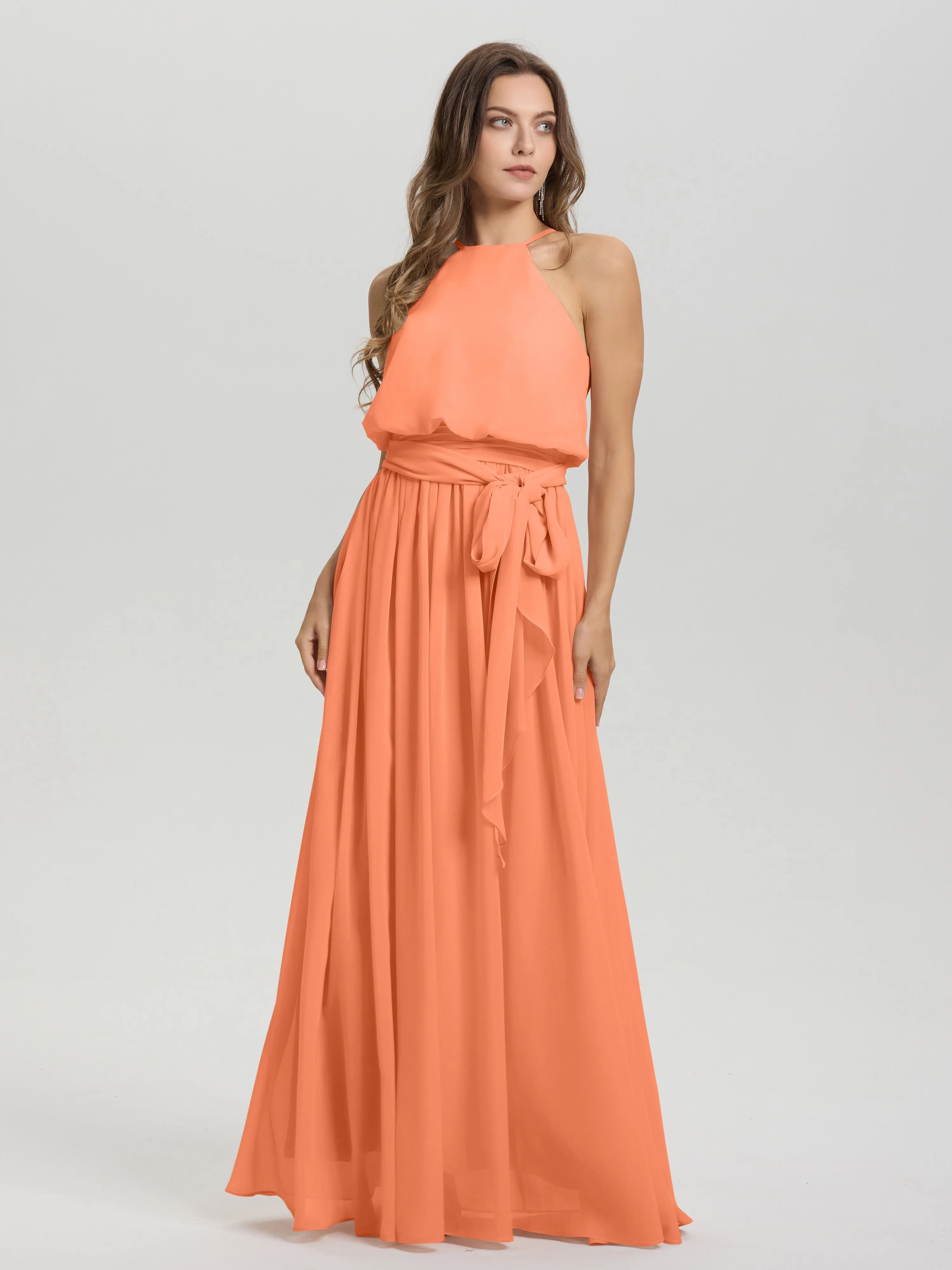 Halter Sleeveless Floor Length Chiffon Bridesmaid Dresses With Belt