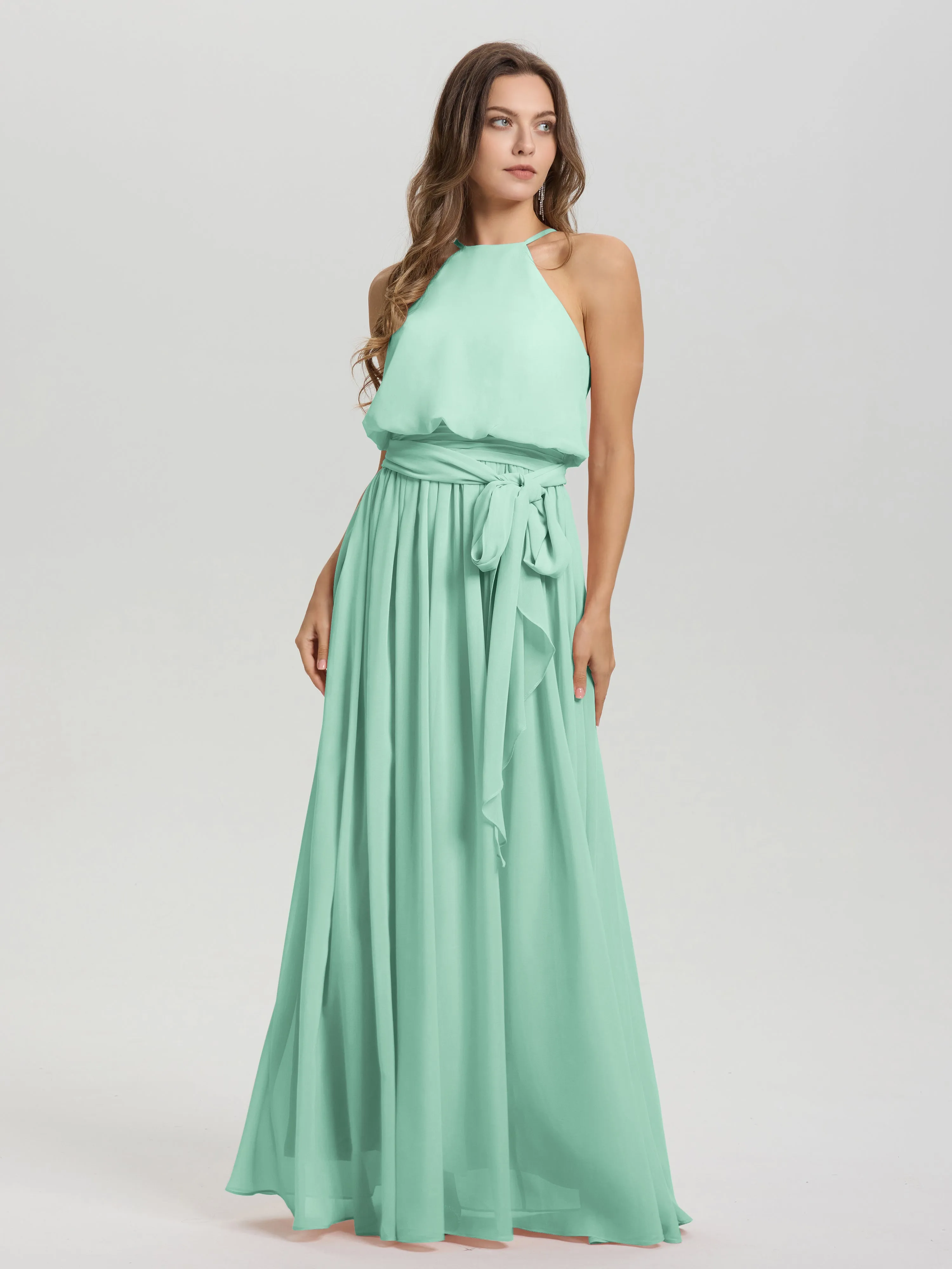 Halter Sleeveless Floor Length Chiffon Bridesmaid Dresses With Belt