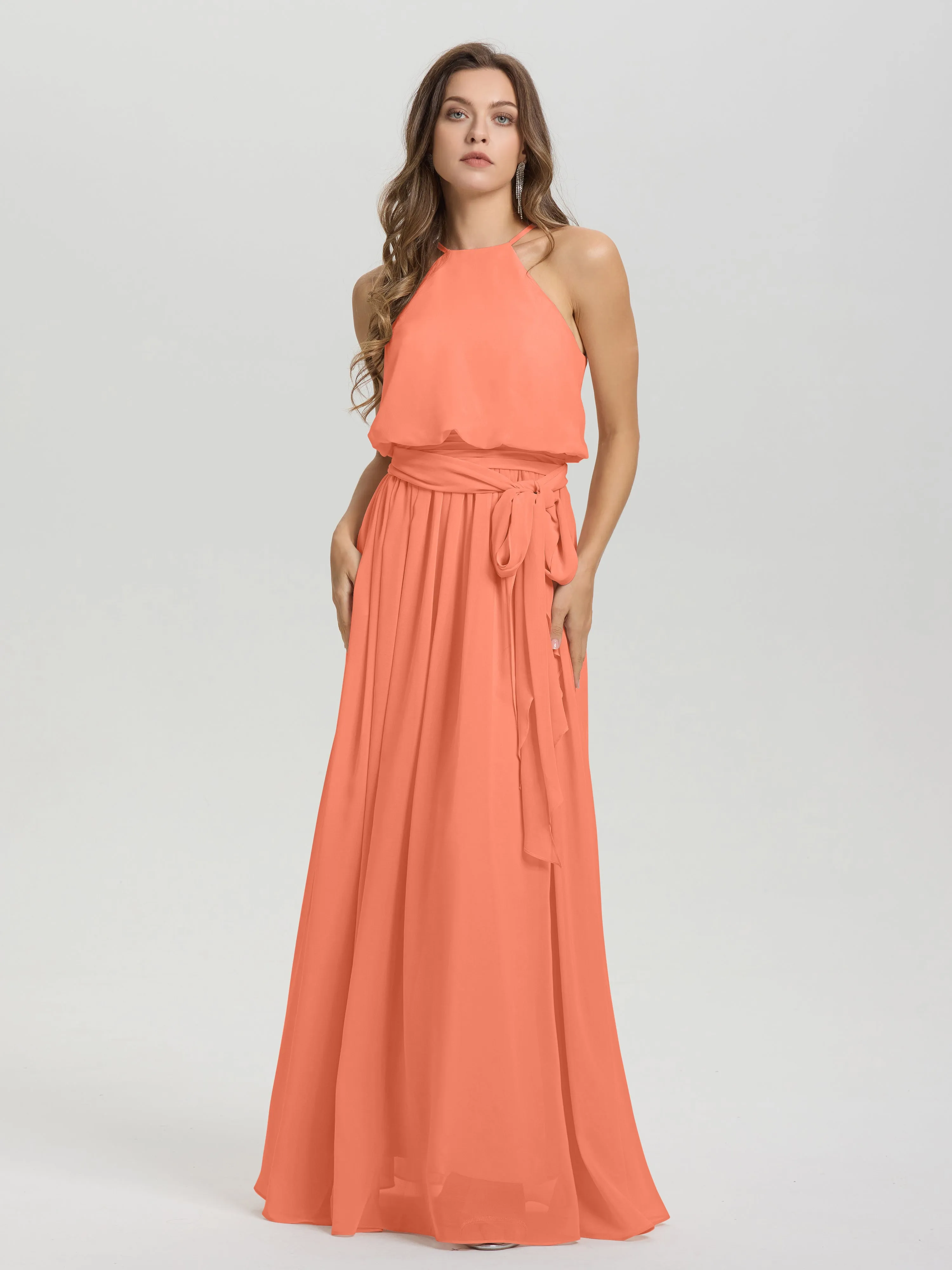 Halter Sleeveless Floor Length Chiffon Bridesmaid Dresses With Belt