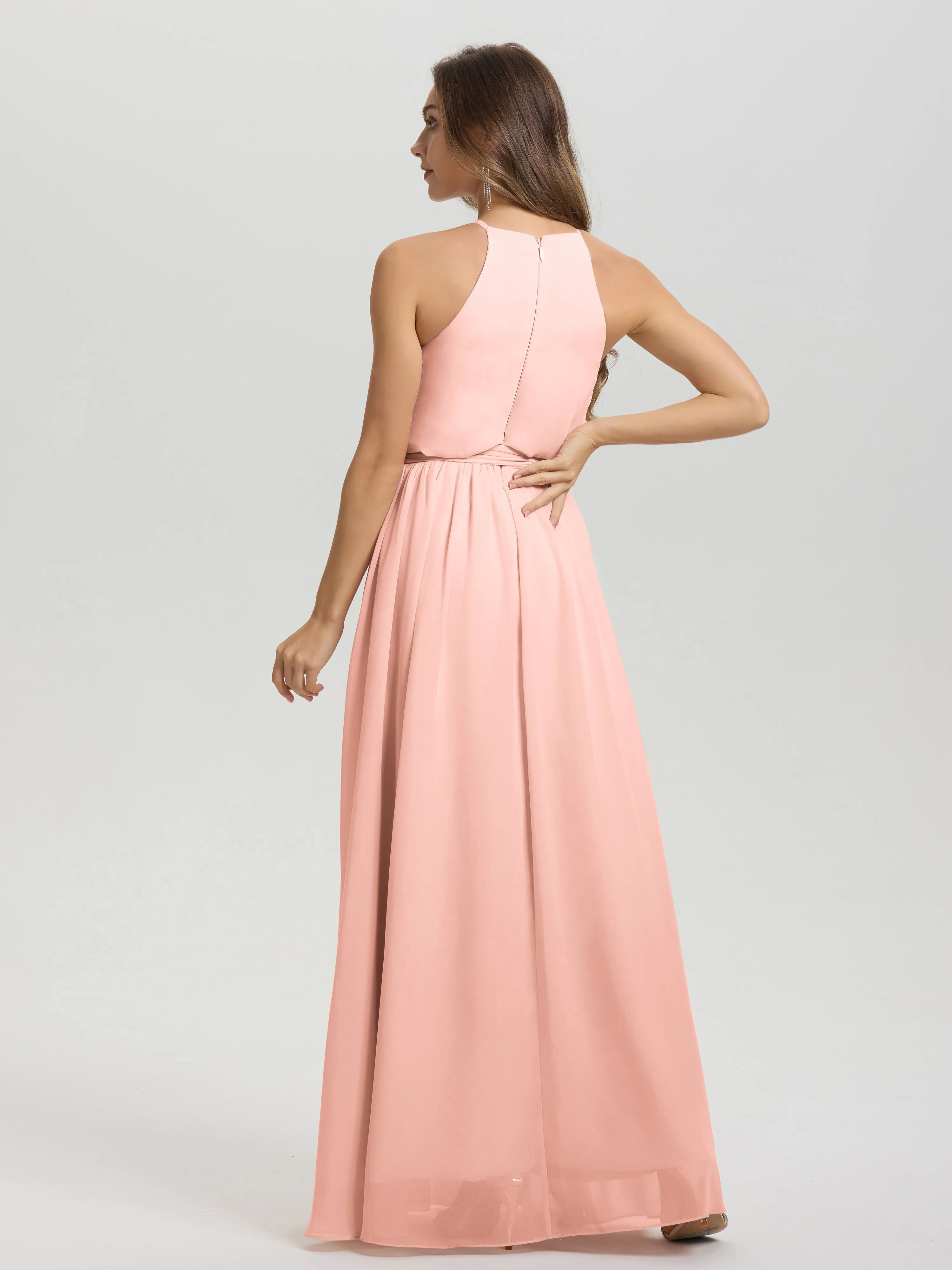 Halter Sleeveless Floor Length Chiffon Bridesmaid Dresses With Belt