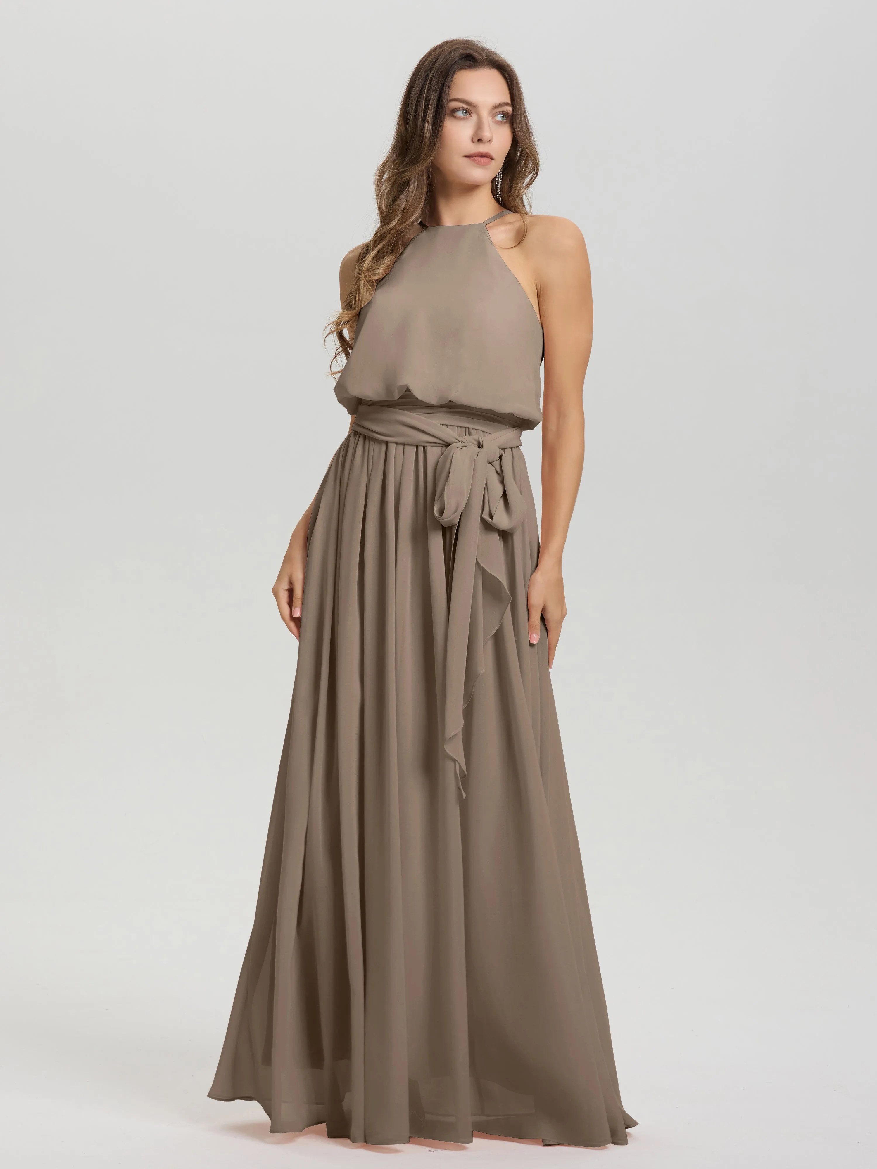 Halter Sleeveless Floor Length Chiffon Bridesmaid Dresses With Belt