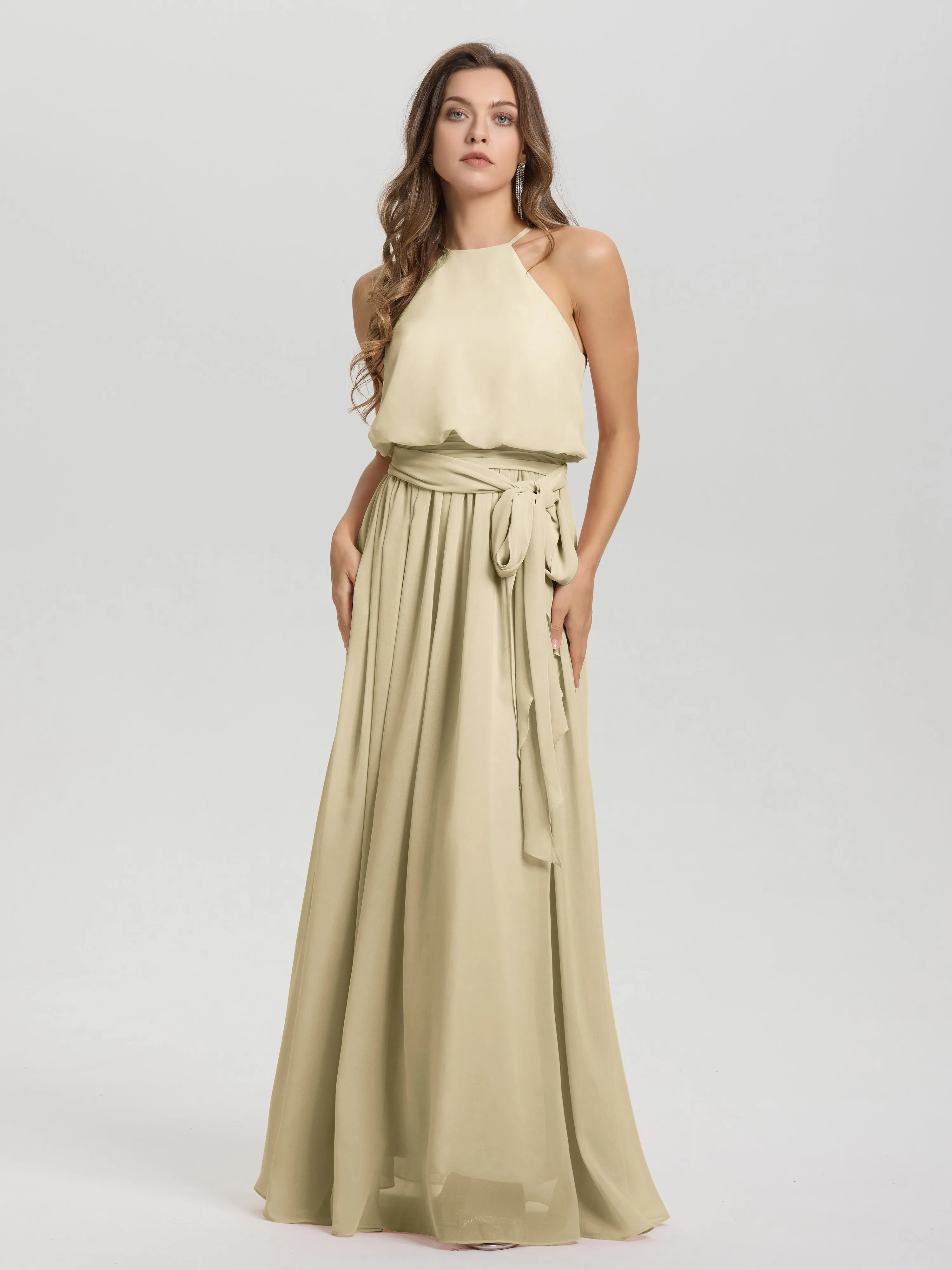 Halter Sleeveless Floor Length Chiffon Bridesmaid Dresses With Belt