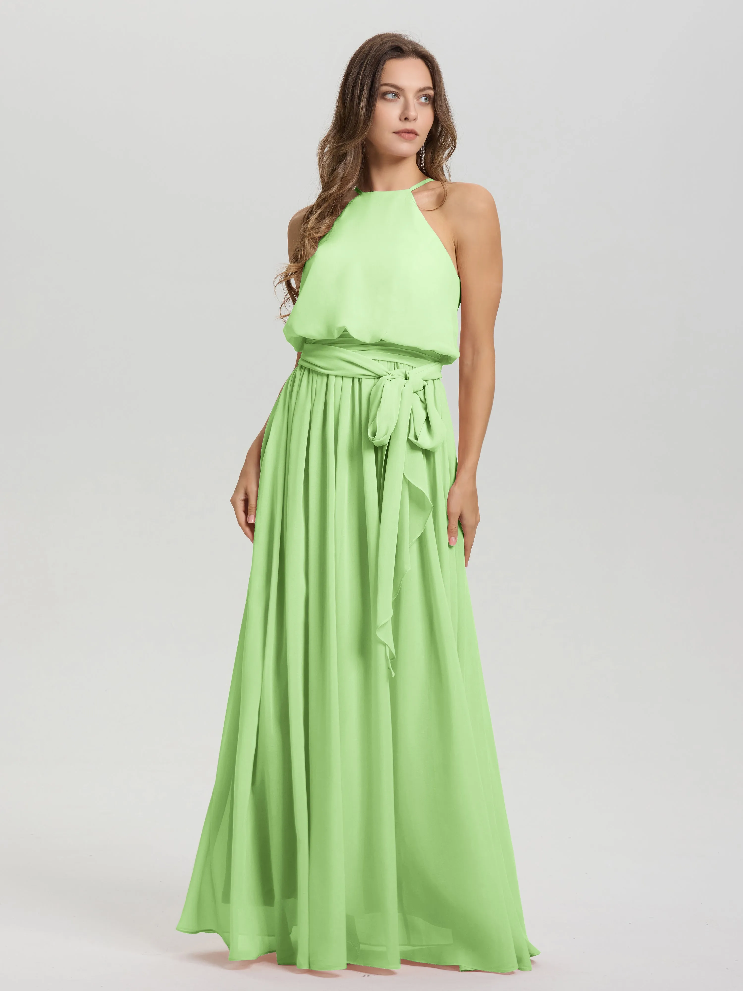 Halter Sleeveless Floor Length Chiffon Bridesmaid Dresses With Belt