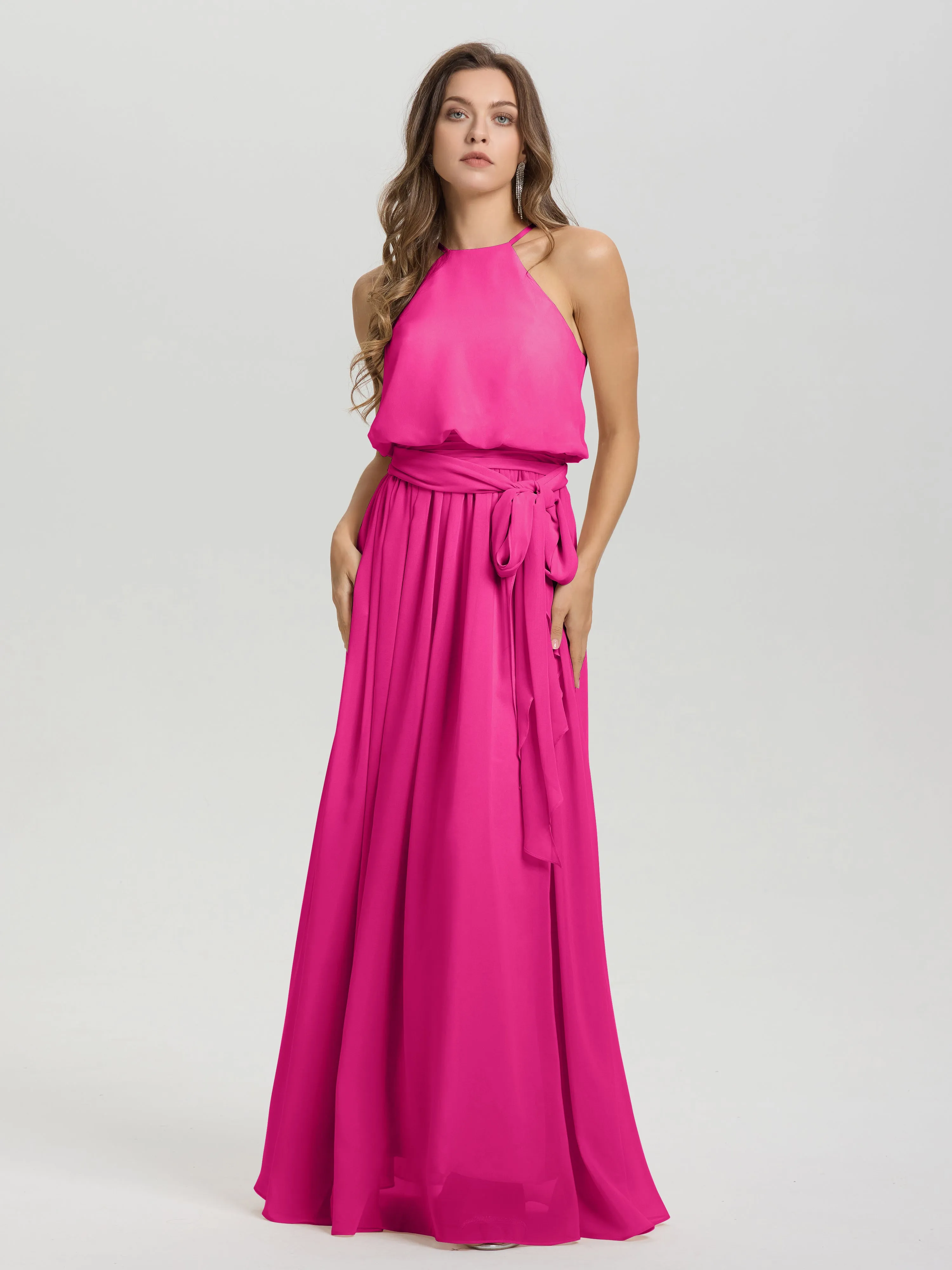 Halter Sleeveless Floor Length Chiffon Bridesmaid Dresses With Belt