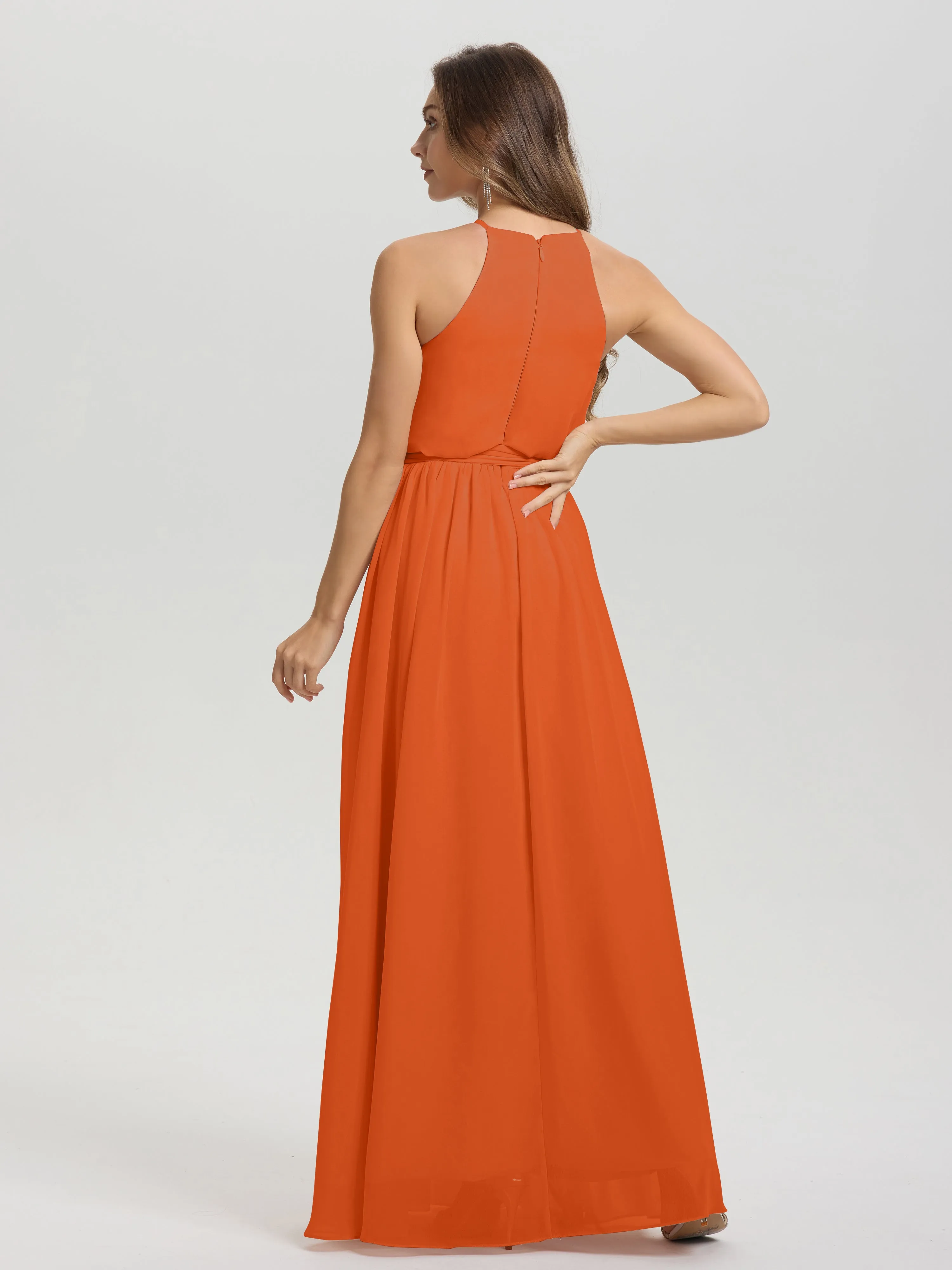 Halter Sleeveless Floor Length Chiffon Bridesmaid Dresses With Belt