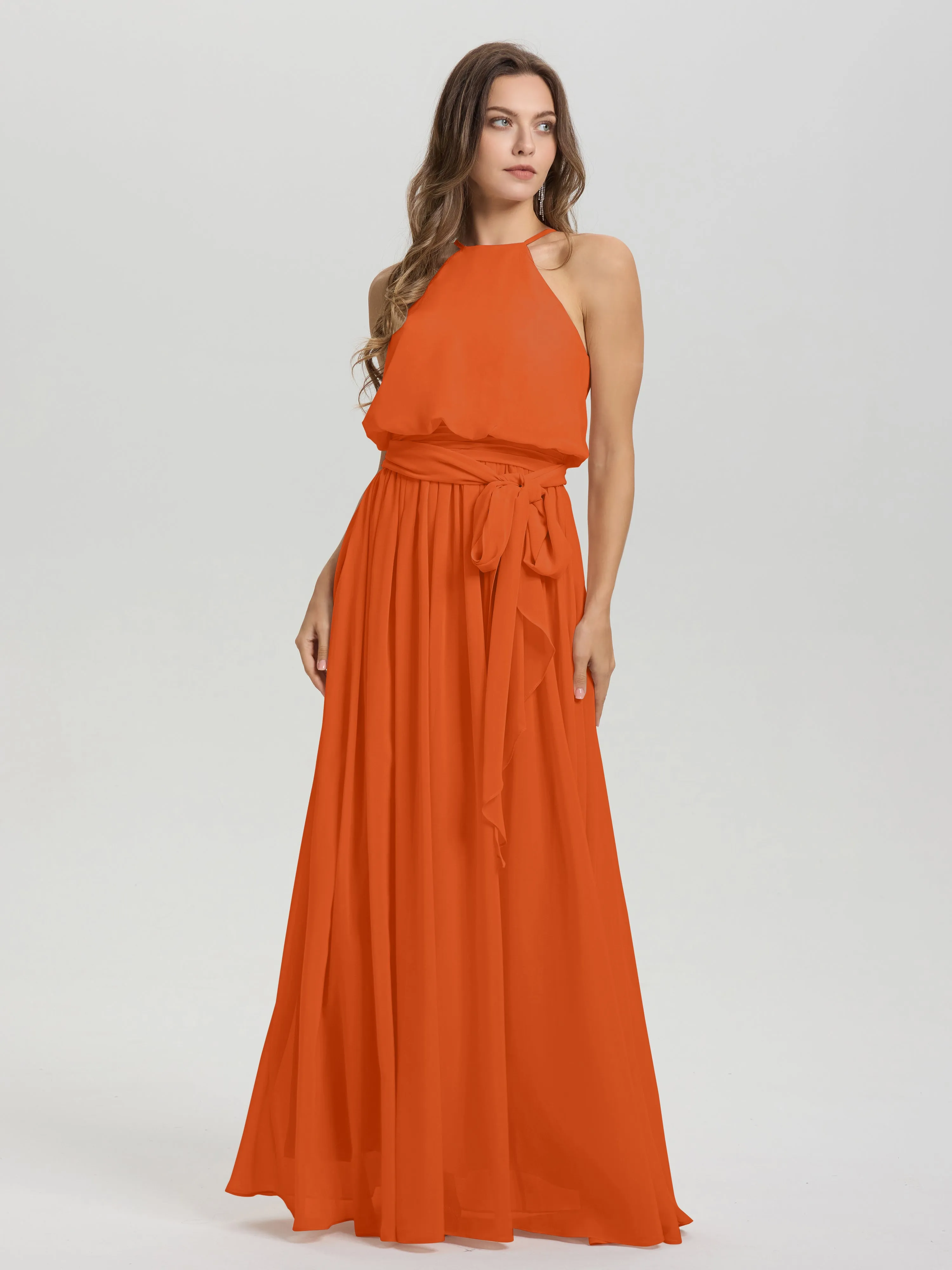 Halter Sleeveless Floor Length Chiffon Bridesmaid Dresses With Belt