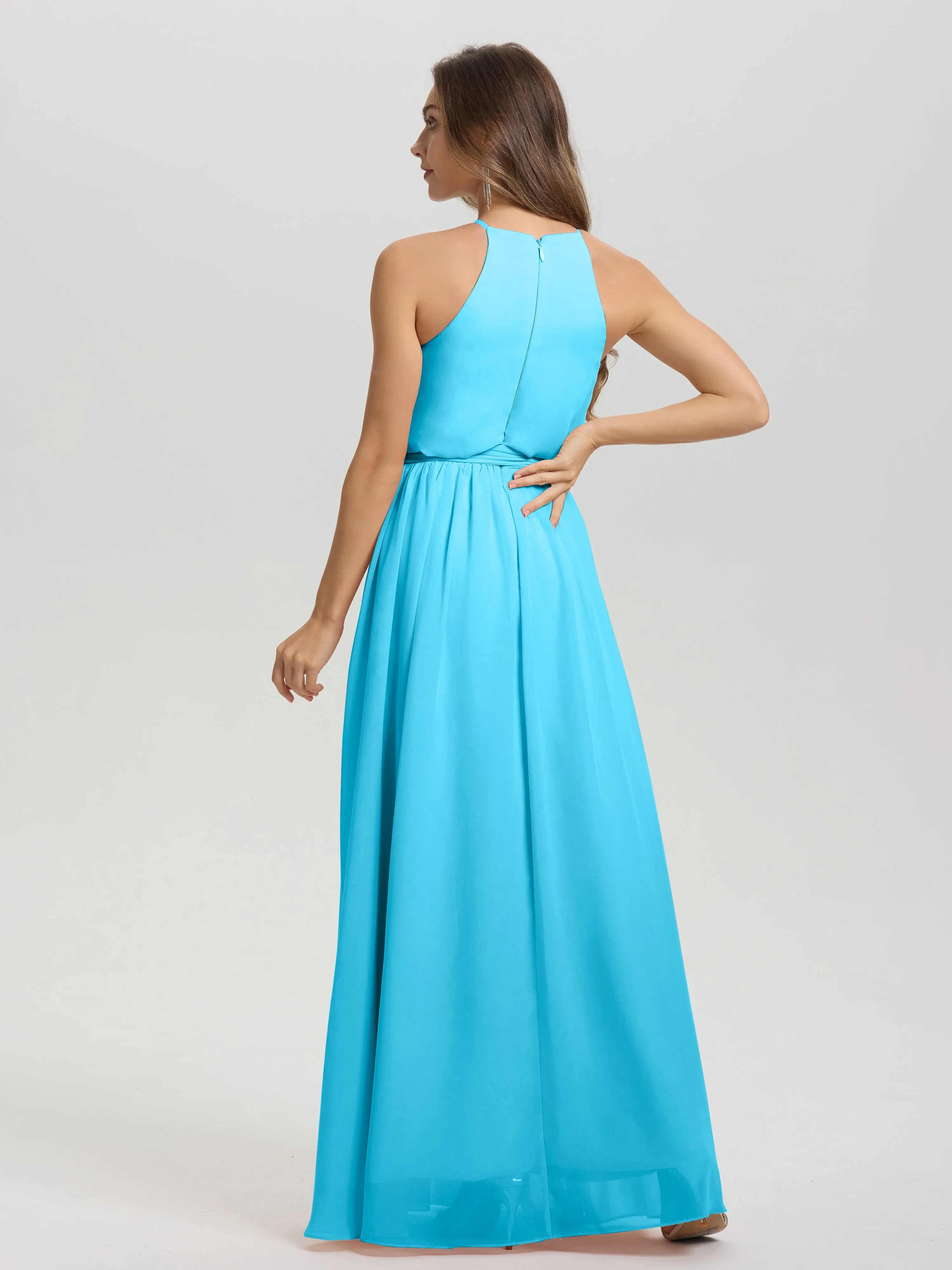 Halter Sleeveless Floor Length Chiffon Bridesmaid Dresses With Belt