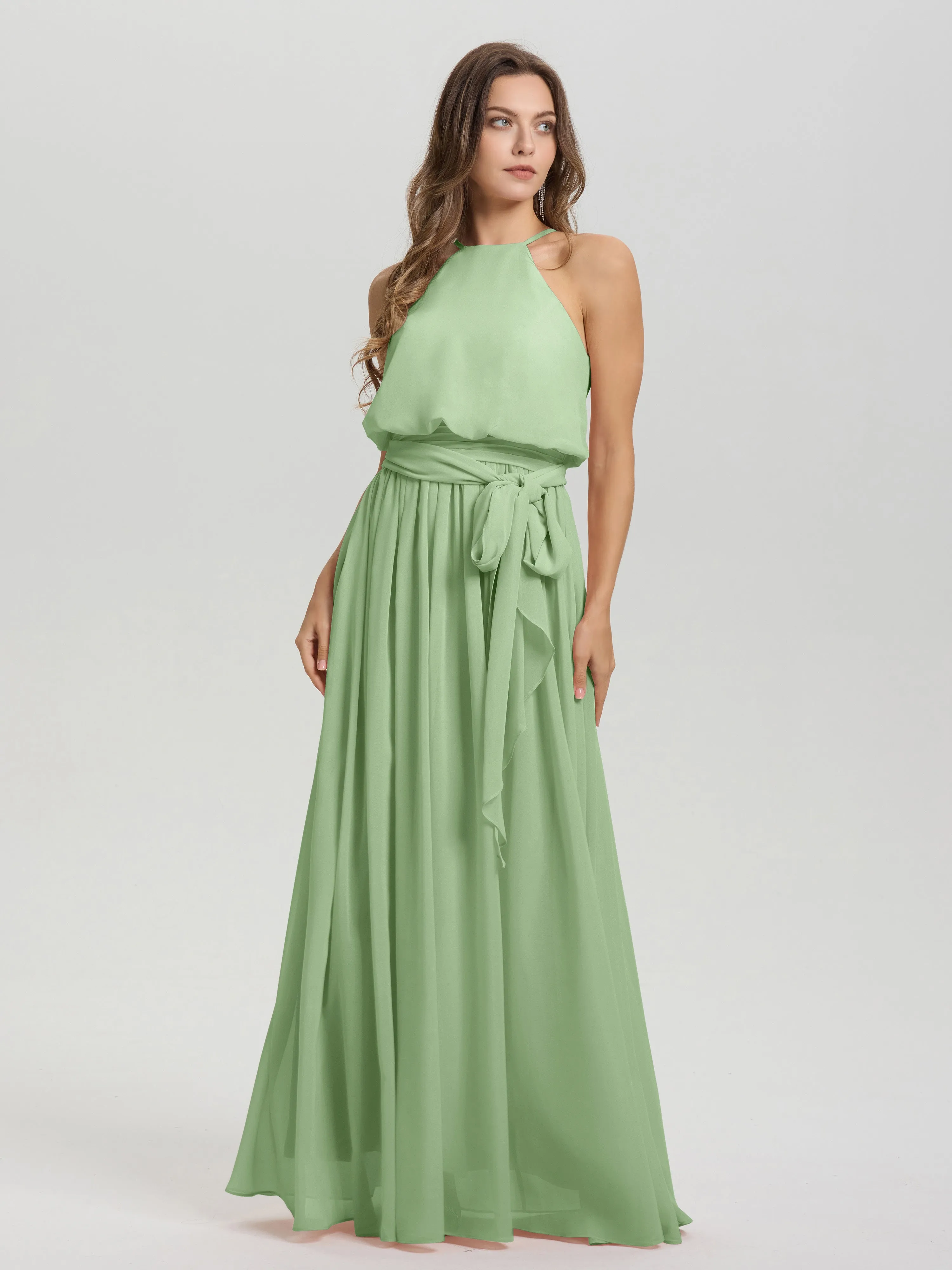 Halter Sleeveless Floor Length Chiffon Bridesmaid Dresses With Belt