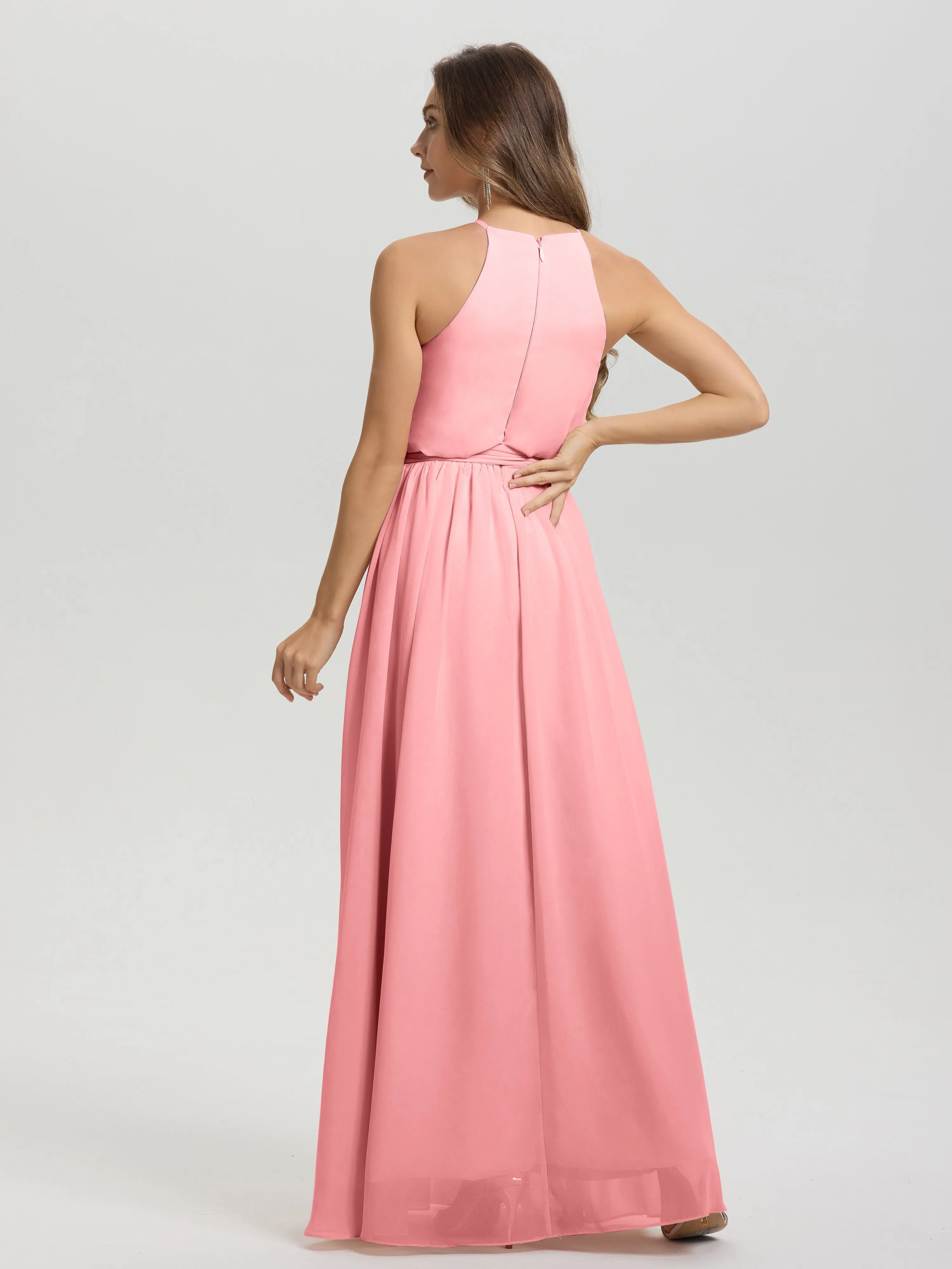 Halter Sleeveless Floor Length Chiffon Bridesmaid Dresses With Belt