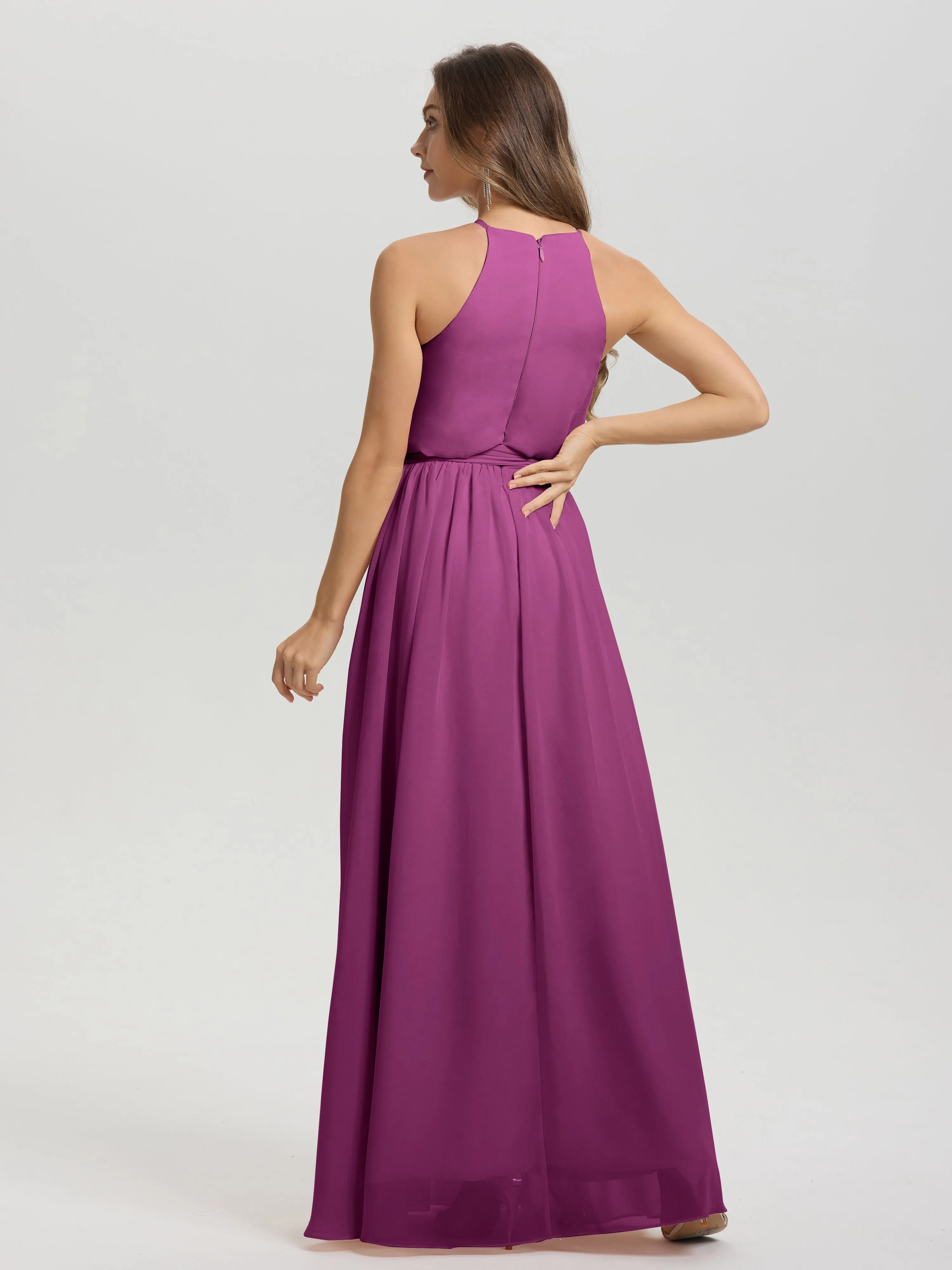 Halter Sleeveless Floor Length Chiffon Bridesmaid Dresses With Belt