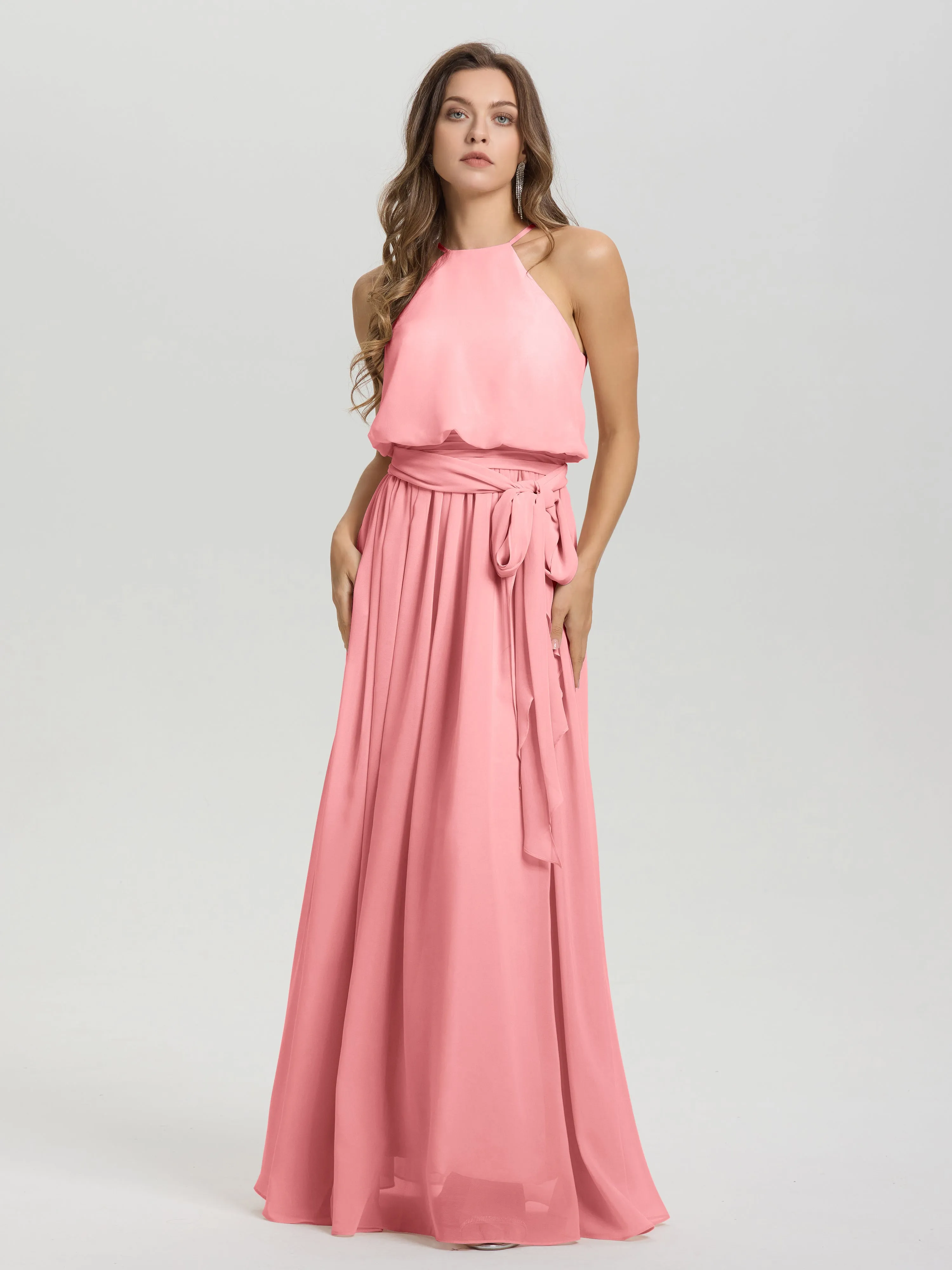 Halter Sleeveless Floor Length Chiffon Bridesmaid Dresses With Belt