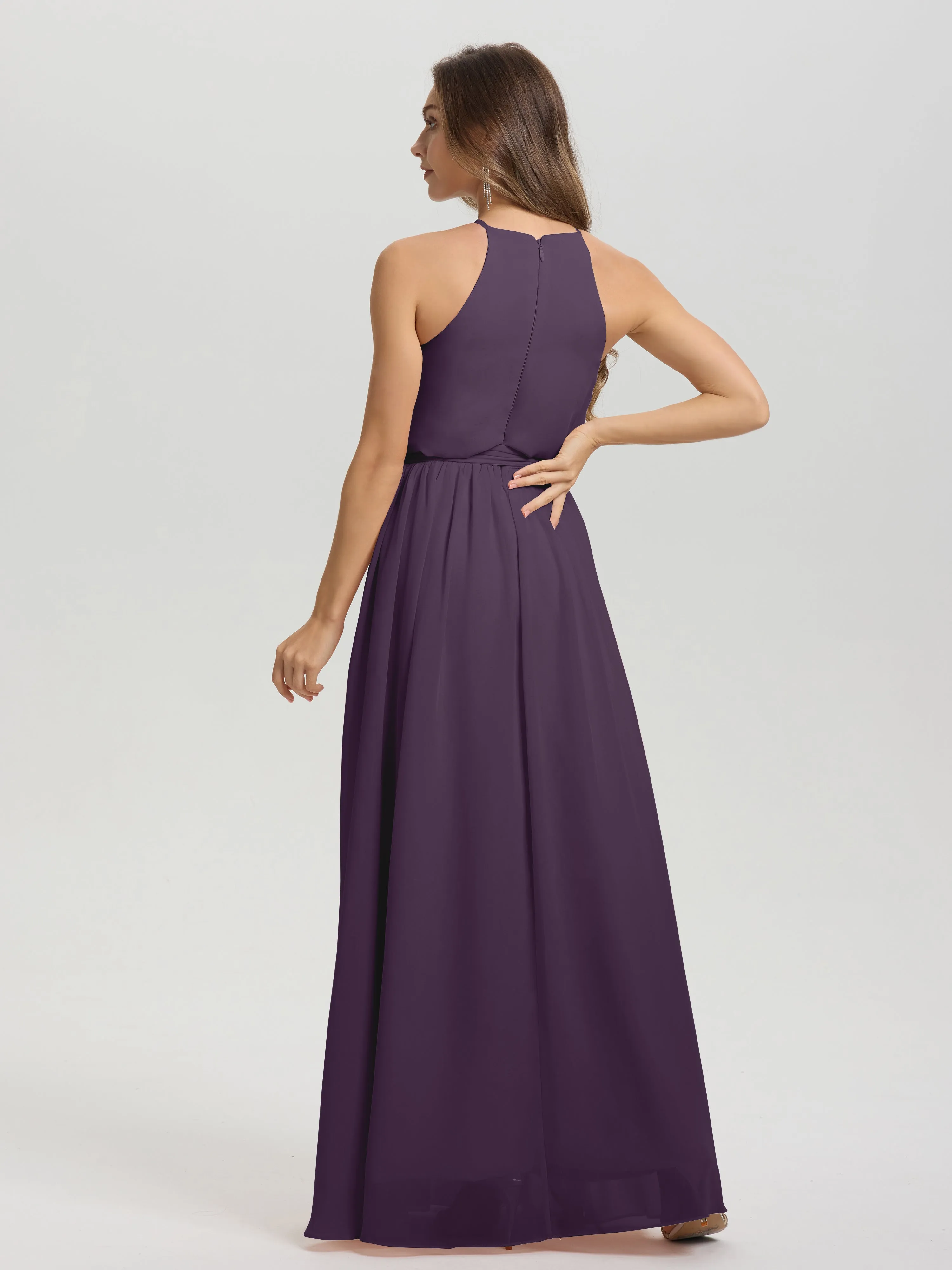 Halter Sleeveless Floor Length Chiffon Bridesmaid Dresses With Belt