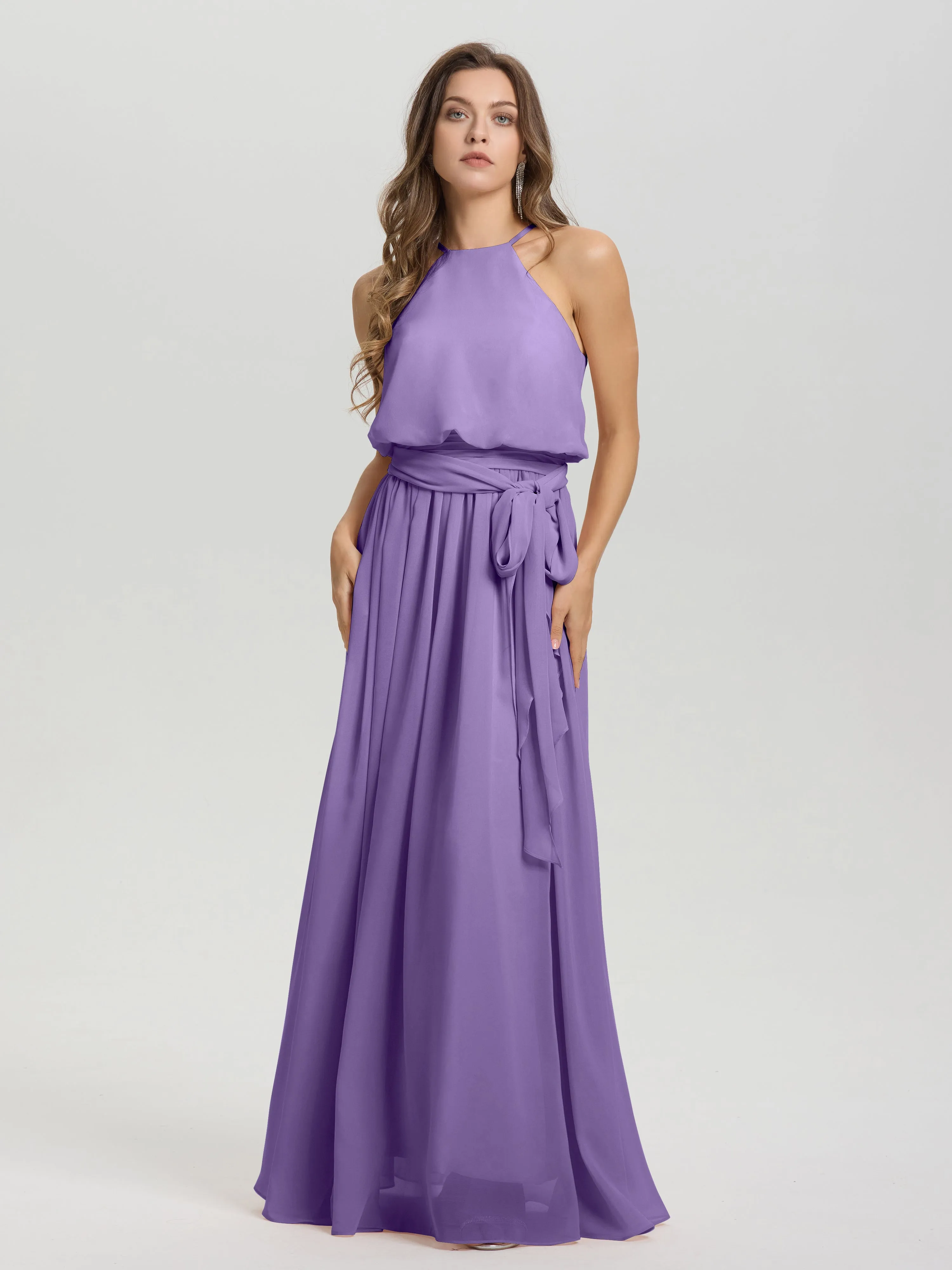 Halter Sleeveless Floor Length Chiffon Bridesmaid Dresses With Belt