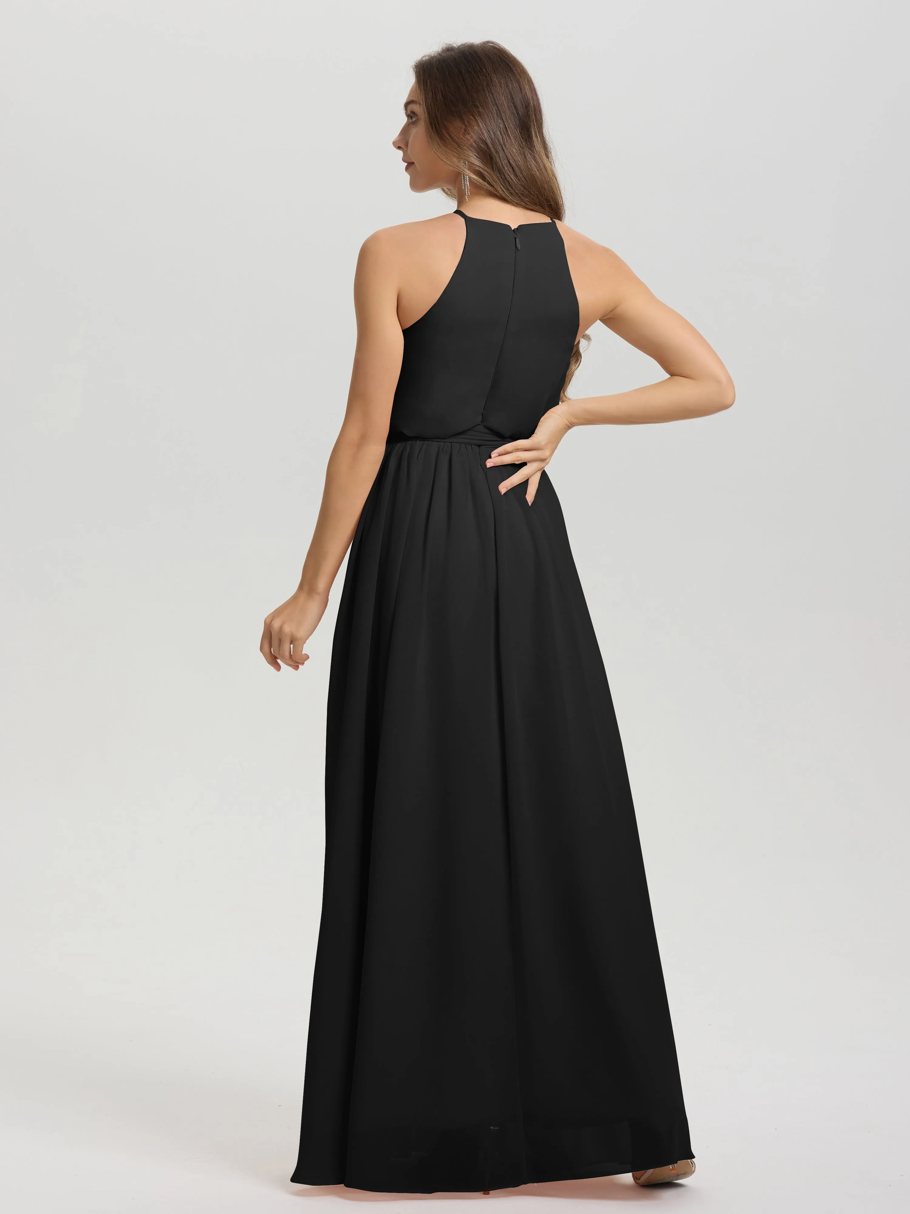 Halter Sleeveless Floor Length Chiffon Bridesmaid Dresses With Belt