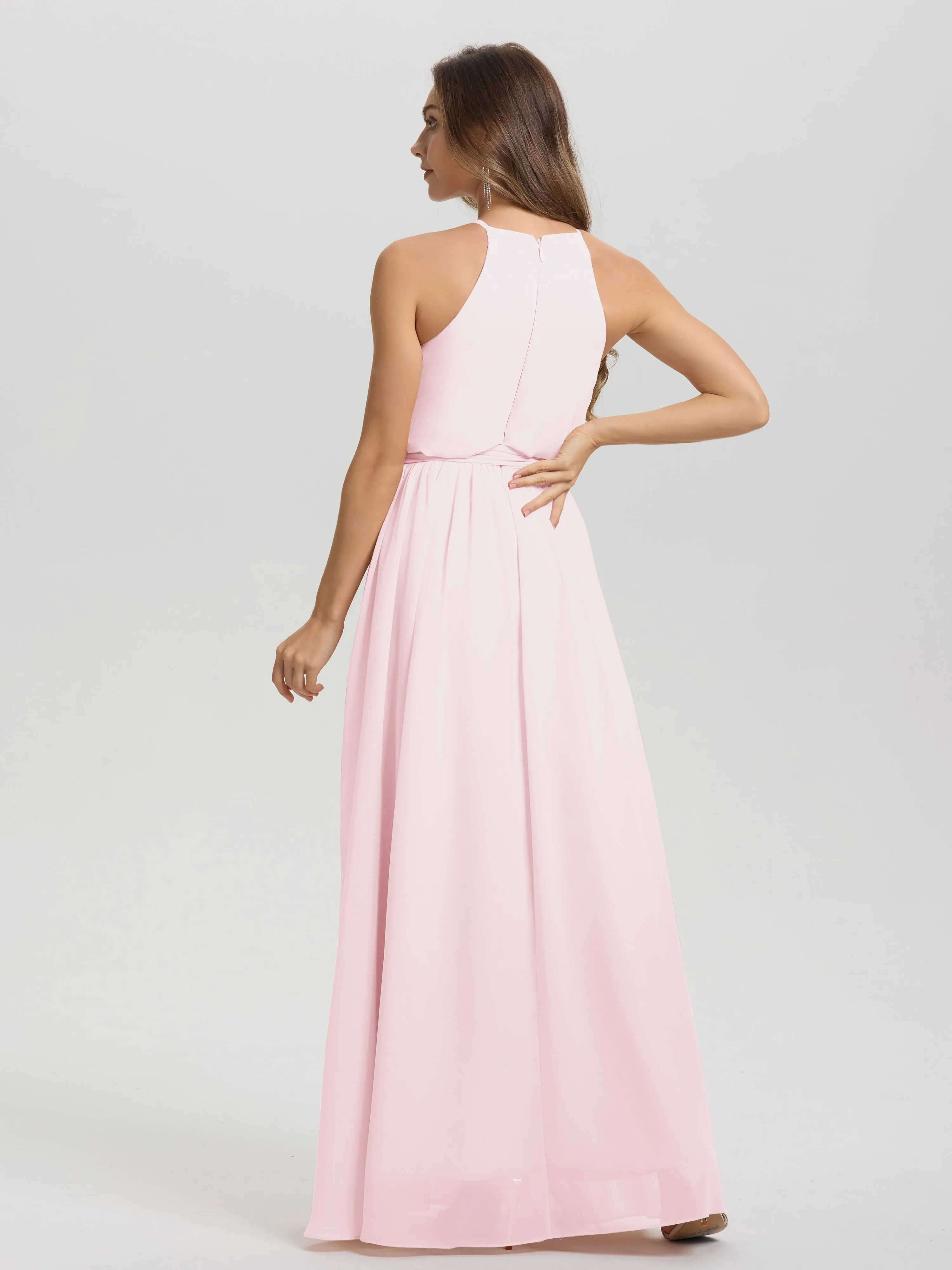 Halter Sleeveless Floor Length Chiffon Bridesmaid Dresses With Belt