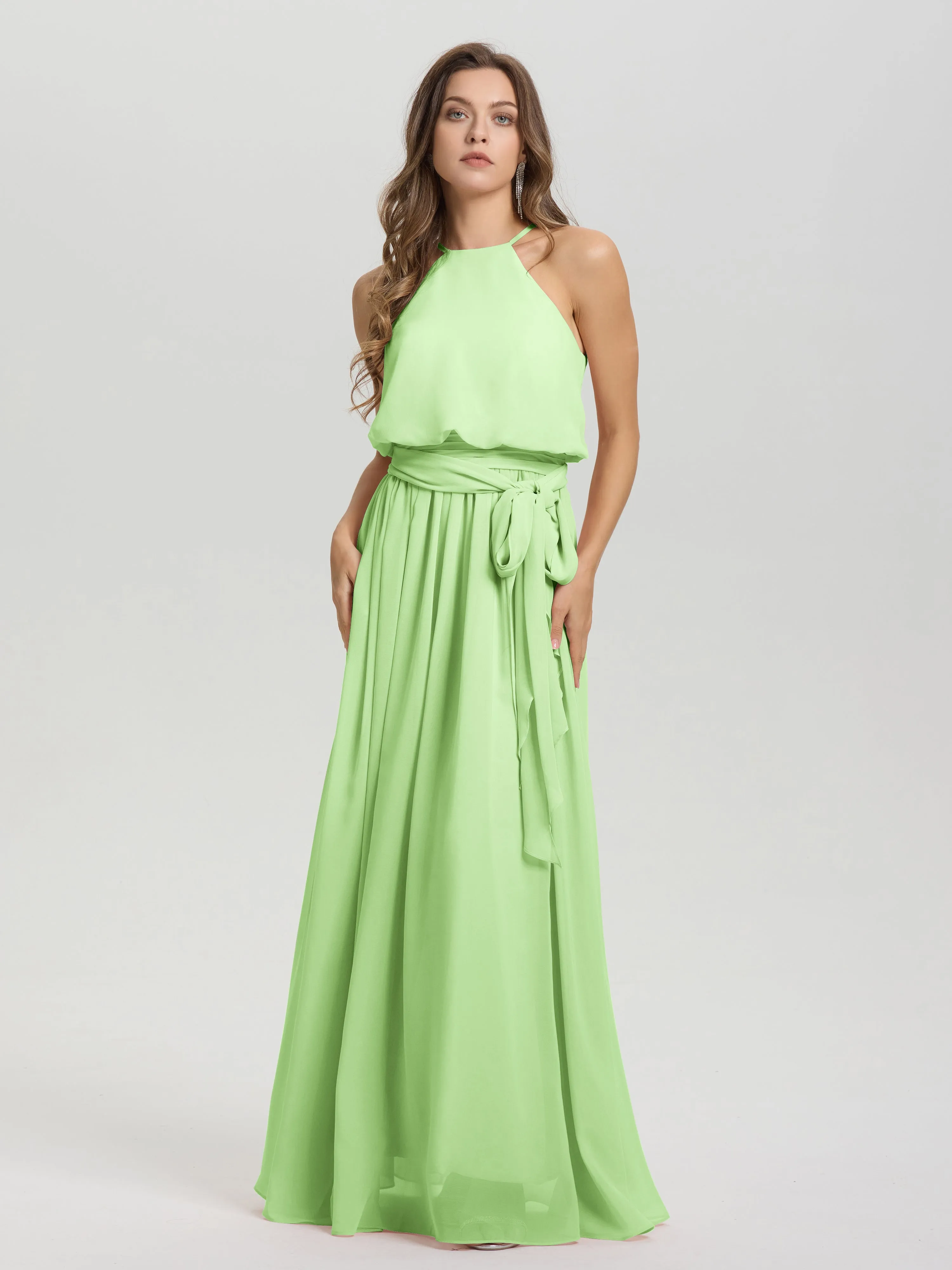 Halter Sleeveless Floor Length Chiffon Bridesmaid Dresses With Belt